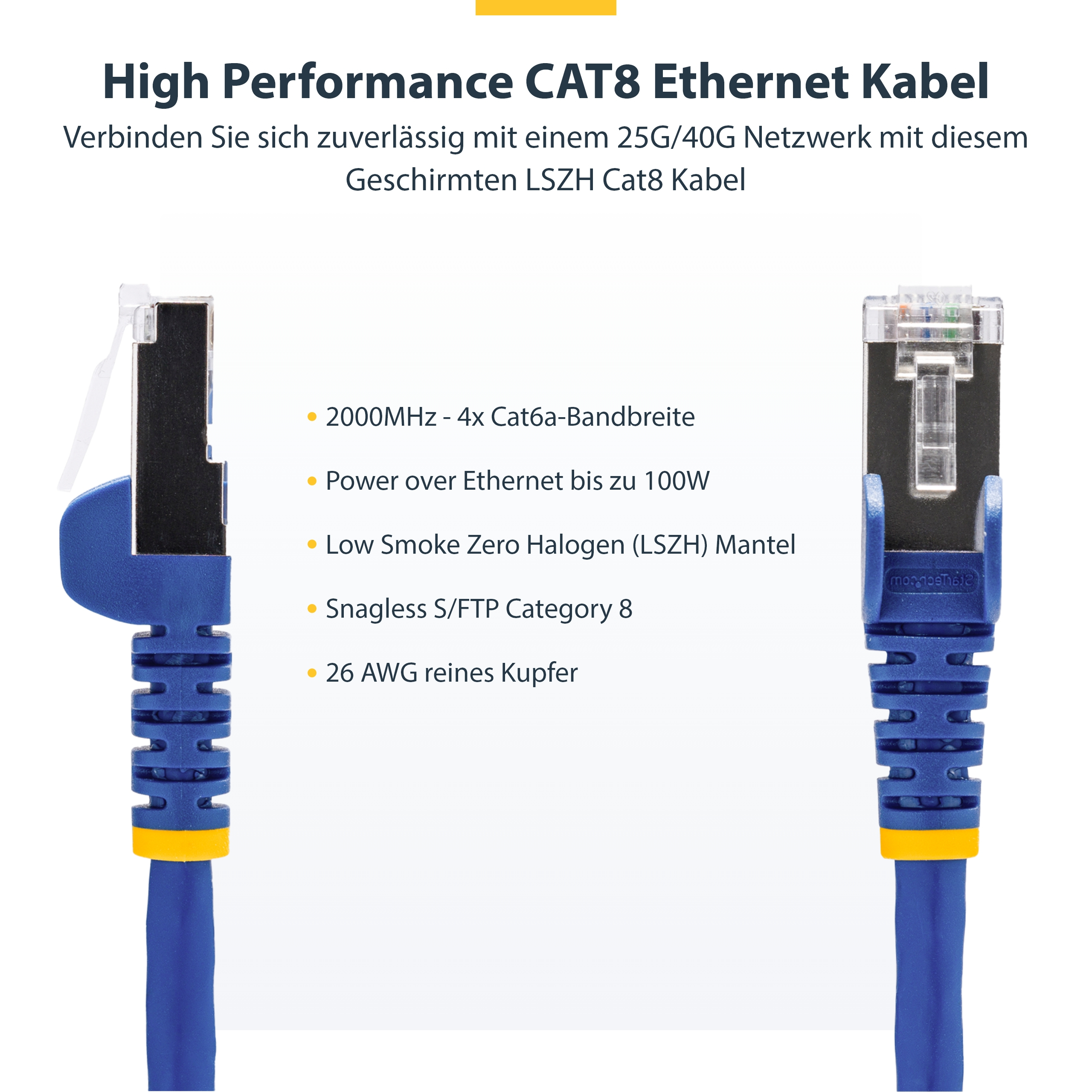1 m Blaues CAT8 Netzwerkkabel, Snagless RJ45 Patchkabel, 25G/40G LAN Kabel, 2000MHz, 100W PoE++, S/FTP, 26AWG Reinkupfer, LSZH, Ethernetkabel mit Zugentlastung, Fluke Getestete PiMF Datenkabel