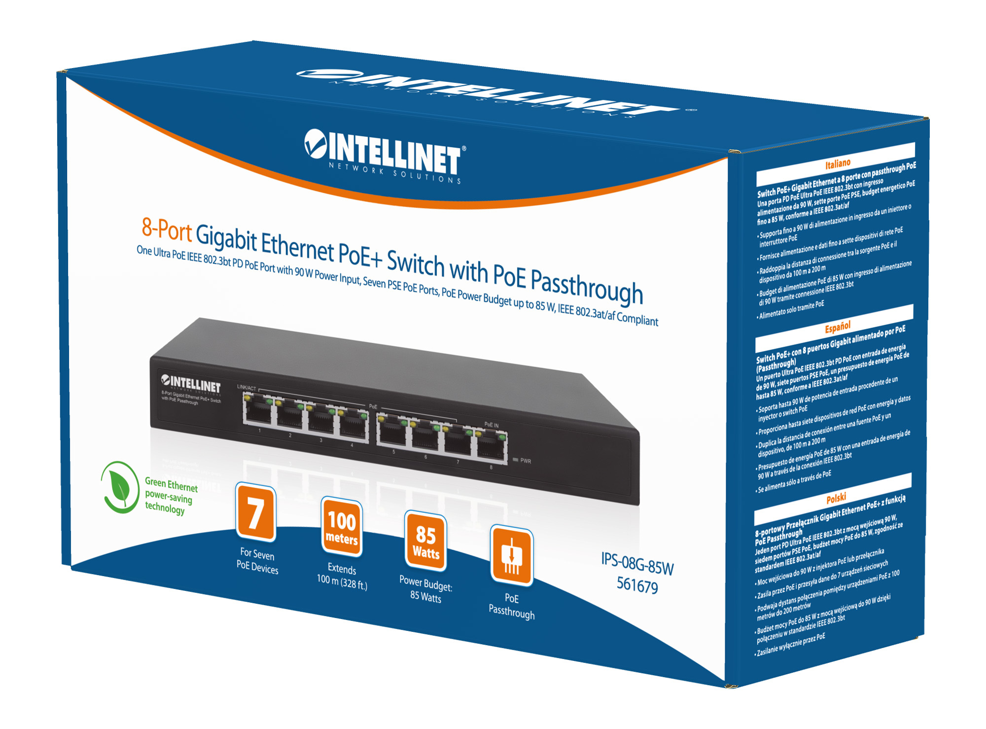 Intellinet 8-Port Gigabit Ethernet PoE+ Switch with PoE Passthrough, 1x Ultra PoE++ IEEE 802.3bt (4PPoE) PD PoE Port with – image 6