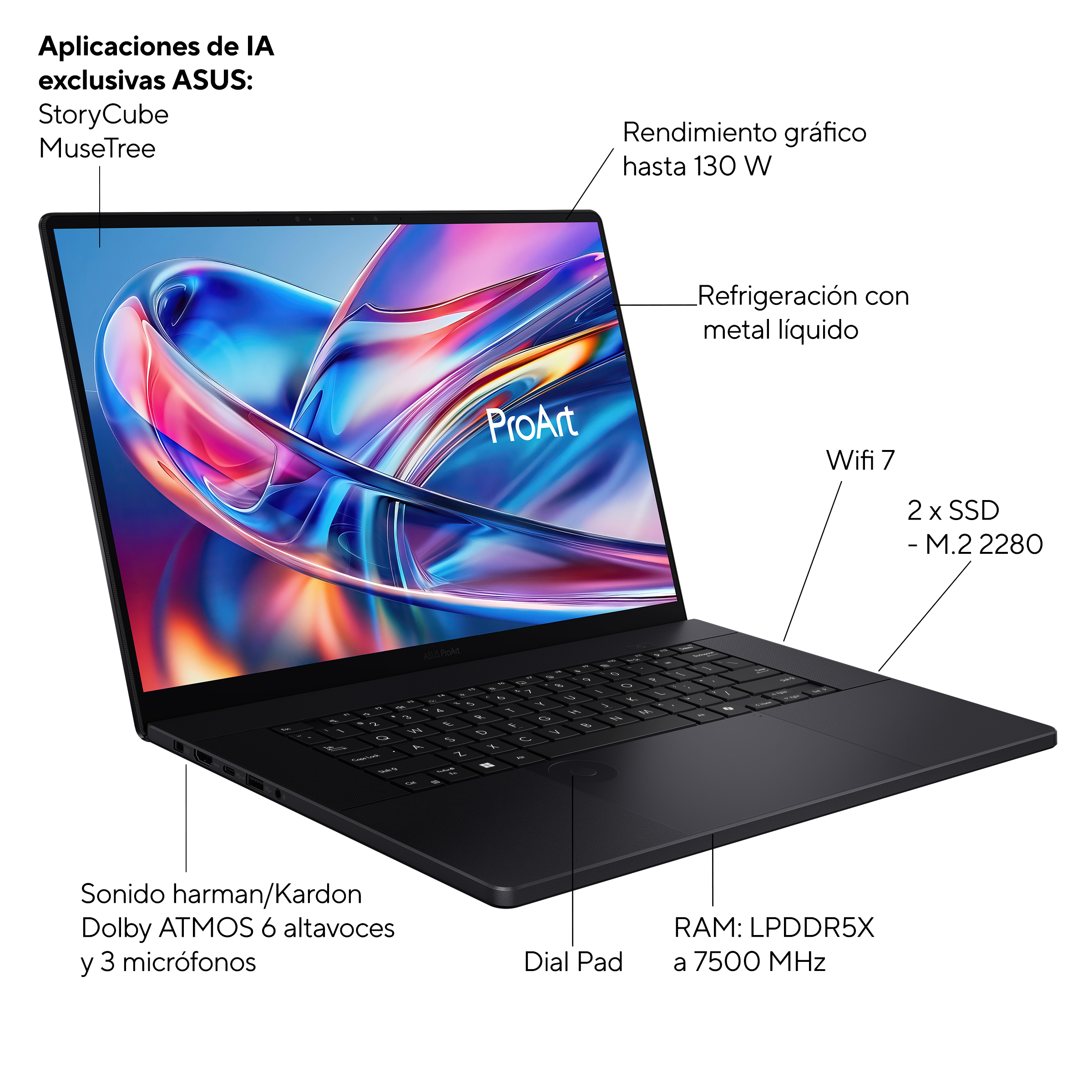 Portátil - ASUS ProArt P16 OLED H7606WX-SE024W Copilot+ PC, 16 " WQUXGA, AMD Ryzen™ AI 9 HX 370 50 TOPS, 64GB RAM, 2+2TB SSD, RTX™ 5090, Windows 11 H - imagen 4
