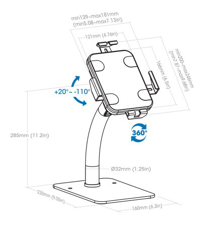Manhattan Soporte tipo quiosco de sobremesa antirrobo para tablet e iPad, universal, rotación 360°, inclinación +20° a −110°, bloqueable, para tablets de 7,9" a 11", color blanco imagen 6