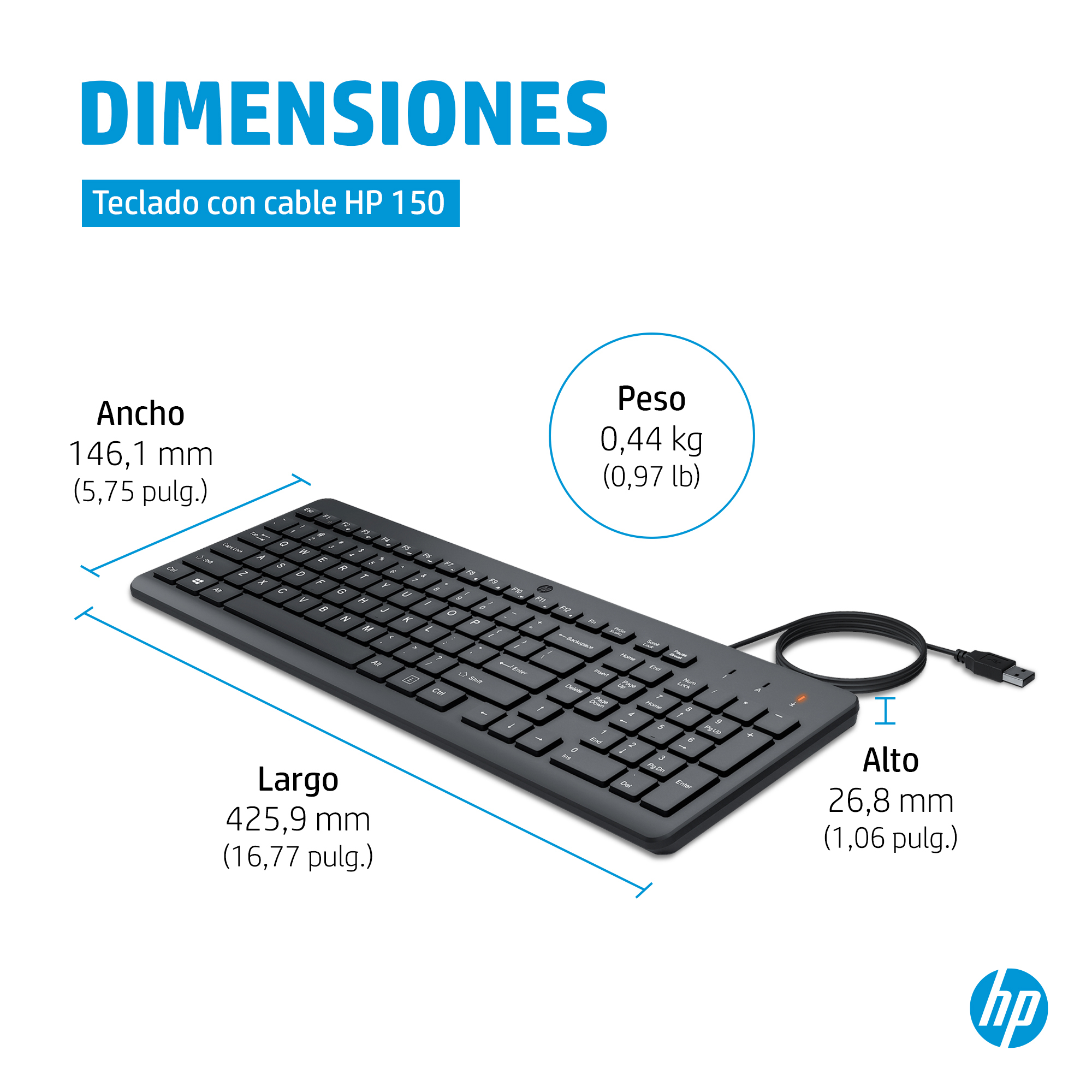 HP teclado con cable 150, vista superior del teclado completo