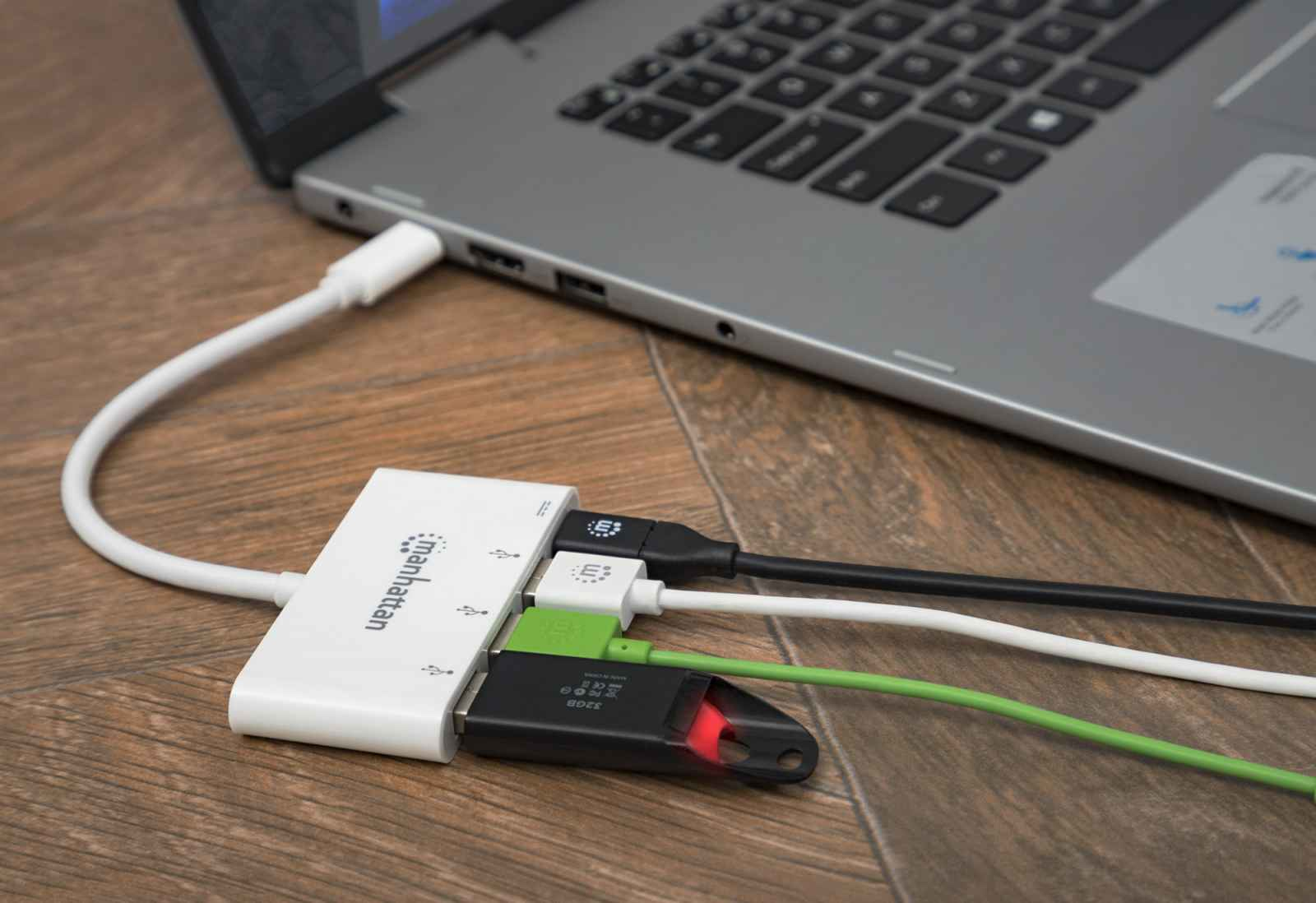 Manhattan USB-C Dock/Hub, Ports (x4): USB-A (x3) and USB-C, 5 Gbps (USB 3.2 Gen1 aka USB 3.0), With Power Delivery (60W) to USB-C Port (Note additional USB-C wa – image 2