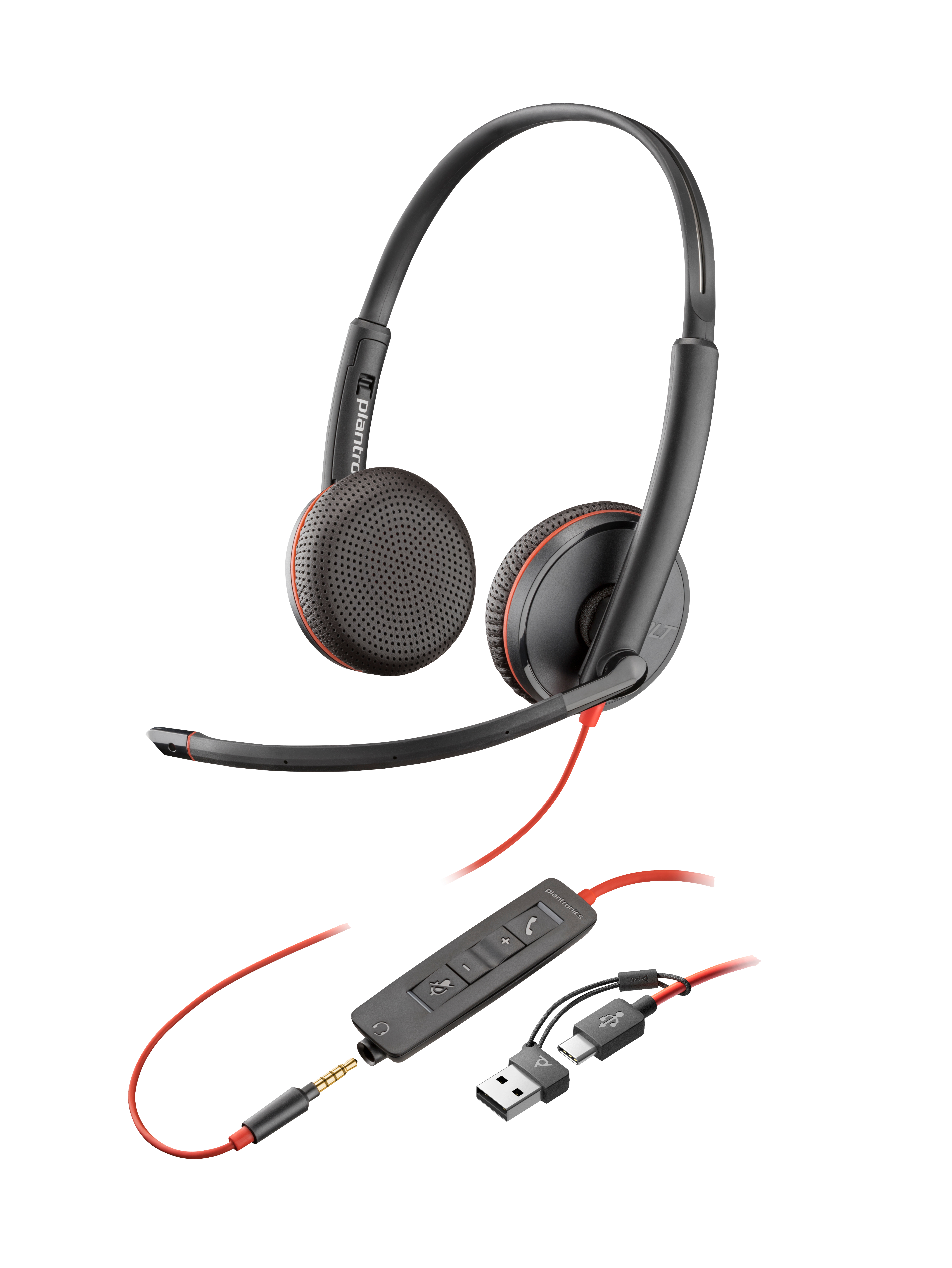 HP Poly Blackwire 3225 Stereo USB-C Headset +3.5mm Plug +USB-C/A Adapter (Bulk). Product colour: Black