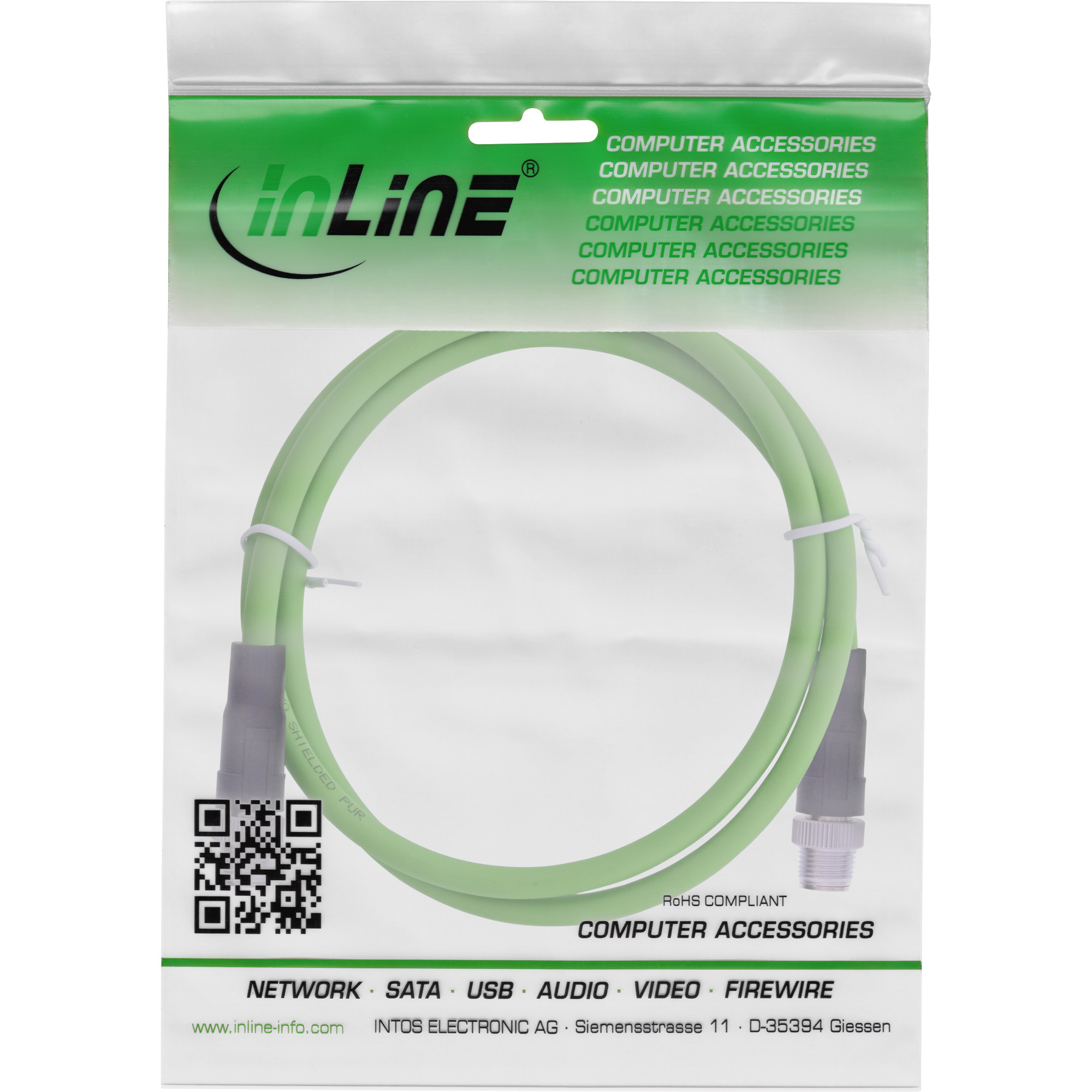 صورة كابل شبكة صناعي InLine، M12 8 سن X-coded ذكر/ذكر، Cat.6A PUR، 1 متر