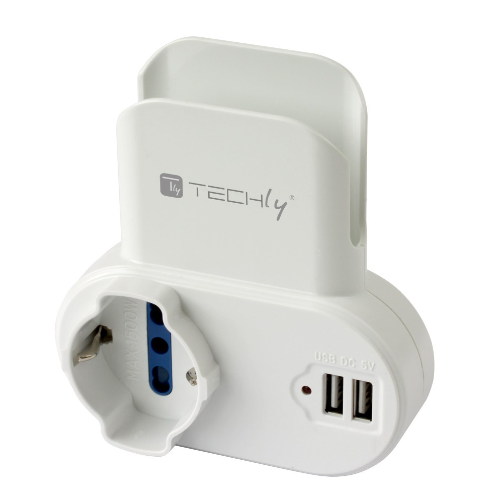 Techly Adapter 2-socket / Schuko 2 USB 1A Socket with Smartphone Holder – image 3