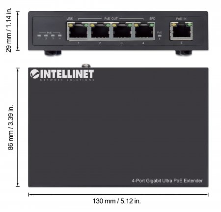 Intellinet 4-Port Ultra Extender, Adds up to 100 m (328 ft.) to Range, 90 W Power Budget, Four PSE Ports up to 30 W Output, IEEE 802.3bt/at/af Compliant, Metal Housing Netværk/strømforlænger – billede 5