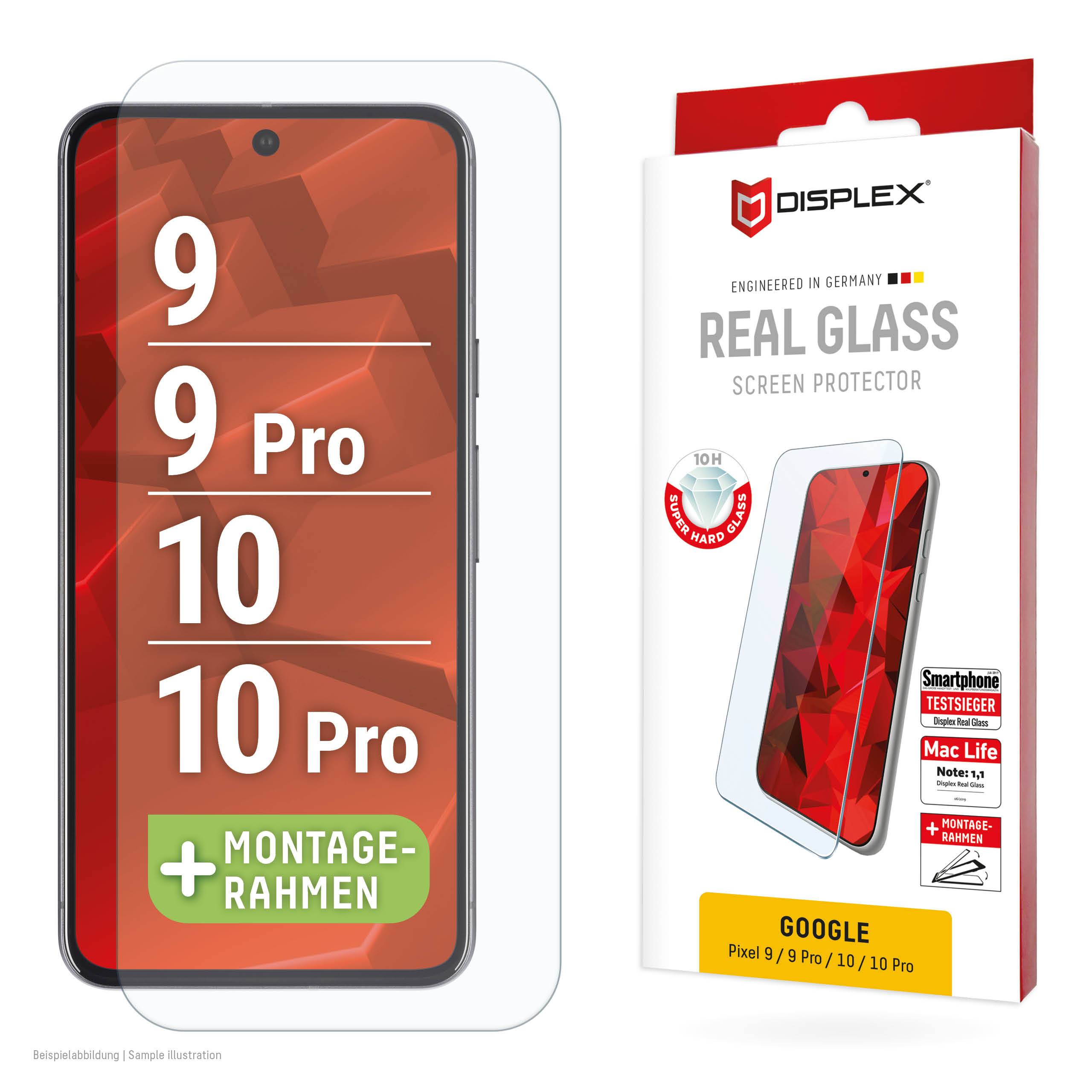 Displex Screen Protector (10H) for Google Pixel 9, Pixel 9 Pro, Pixel 10, Pixel 10 Pro, Eco Mounting Frame, scratch resistant