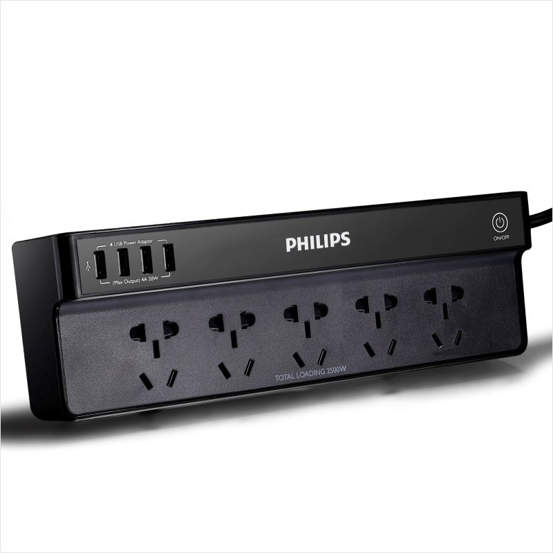 فيليبس SPS7530H/93، شريط طاقة 5 منافذ تيار متردد، 4 منافذ USB، كابل 3 متر، أسود