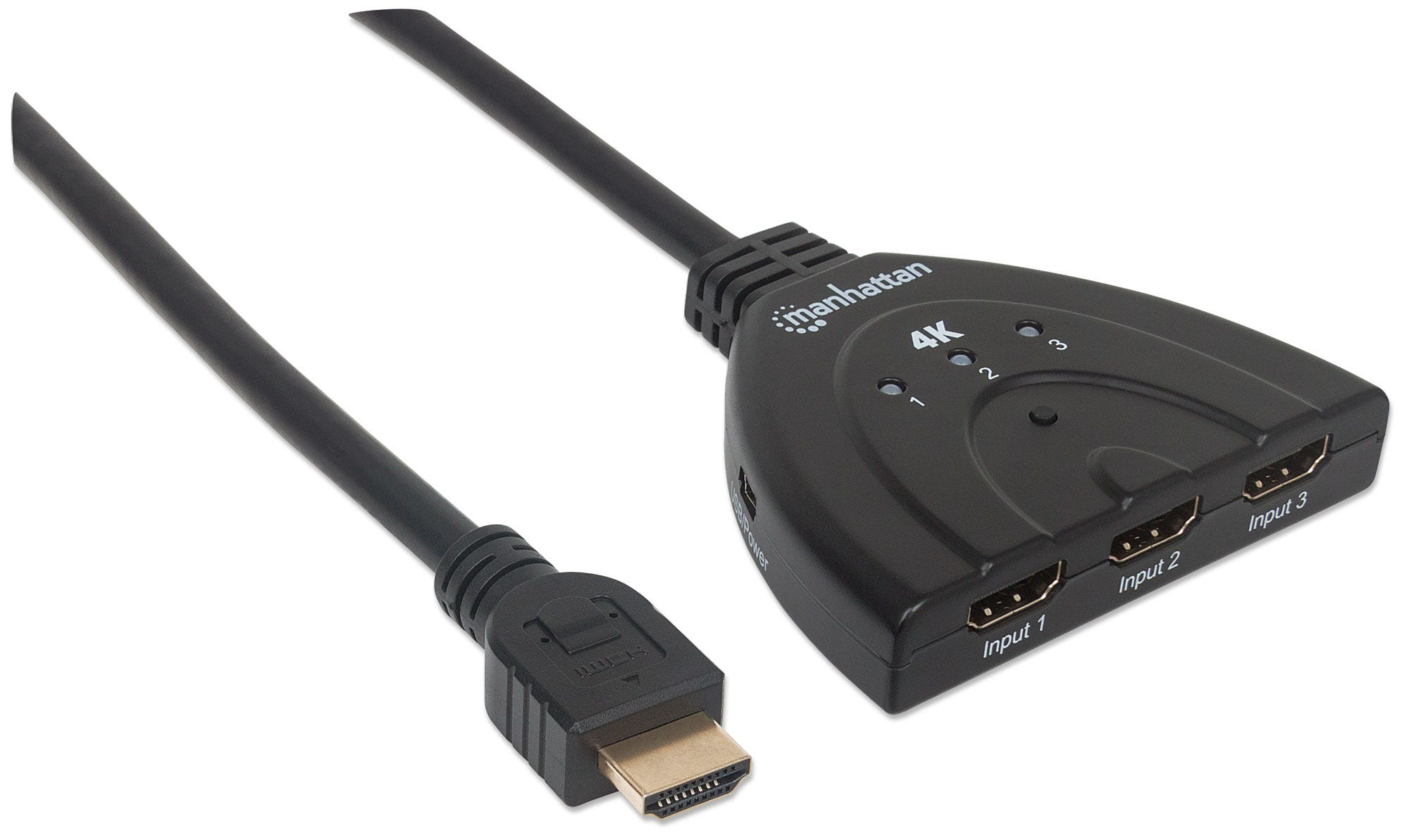 Manhattan HDMI Switch 3-Port, 4K@60Hz, Connects x3 HDMI sources to x1 display, Manual Switching (via button), Integrated Cable (58cm), No external power require – image 2