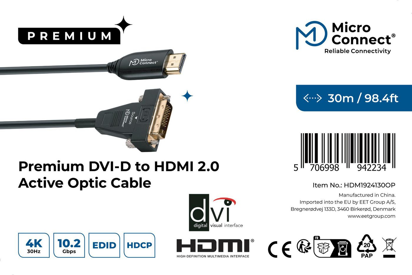 Resim Microconnect HDM1924130OP 30m DVI-D - HDMI 2.0 Adaptör Kablosu