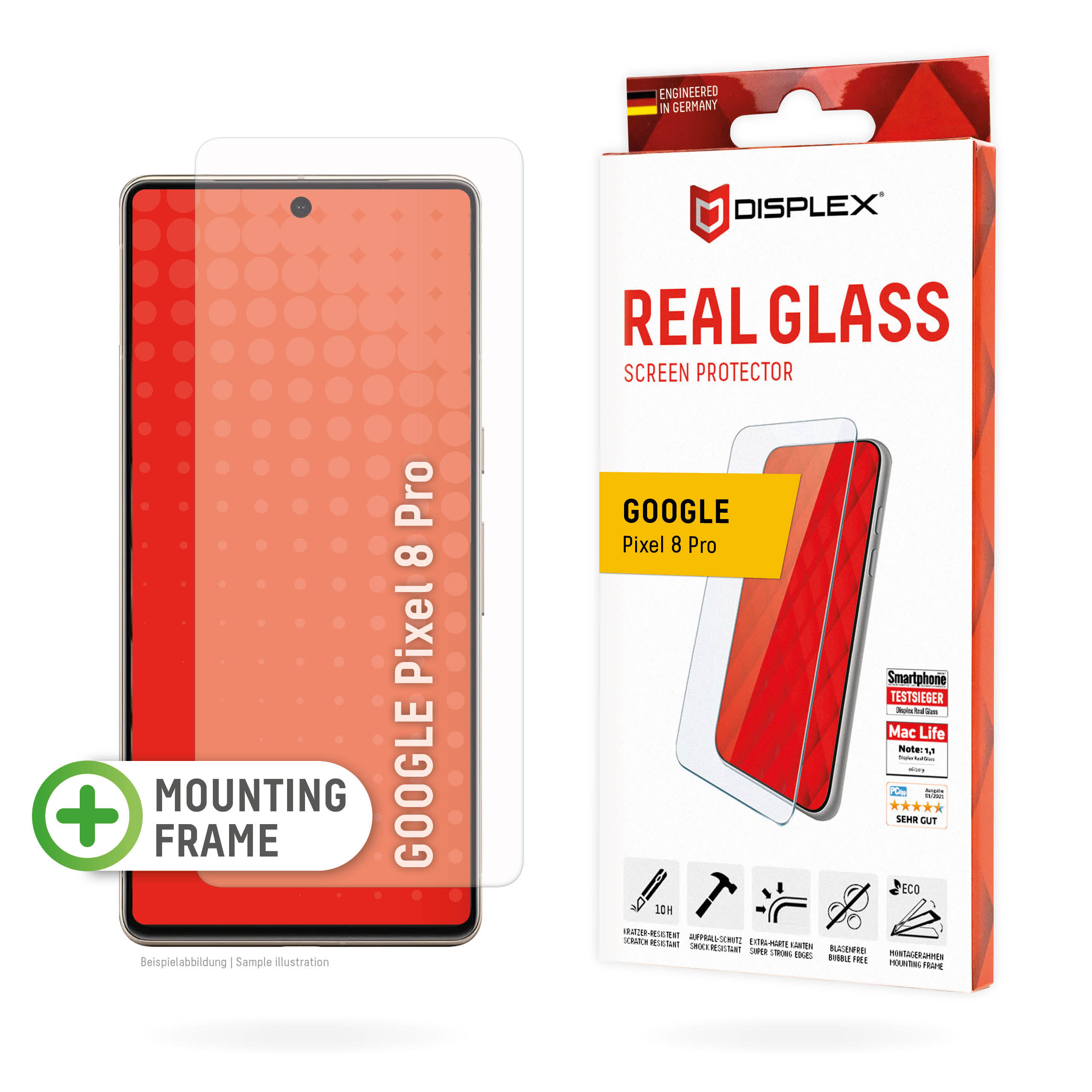 Displex Screen Protector (10H) for Google Pixel 8 Pro, Eco Mounting Frame, scratch resistant