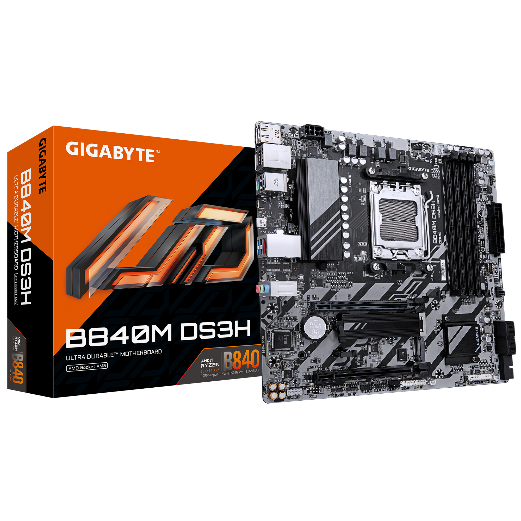 GIGABYTE B840M DS3H Scheda madre - CPU AMD Ryzen 9000 VRM a 822 fasi fino a 8200 MHz DDR5 2xPCIe 4.0 M.2 LAN 2.5GbE USB 3.2 Gen