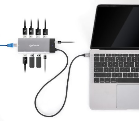 Manhattan USB-C Dock/Hub, Ports (x10): Ethernet, HDMI (x2 8k), USB-A (x5) and USB-C (x2), With Power Delivery (100W) to USB-C Port (Note additional USB-C wall c – image 4