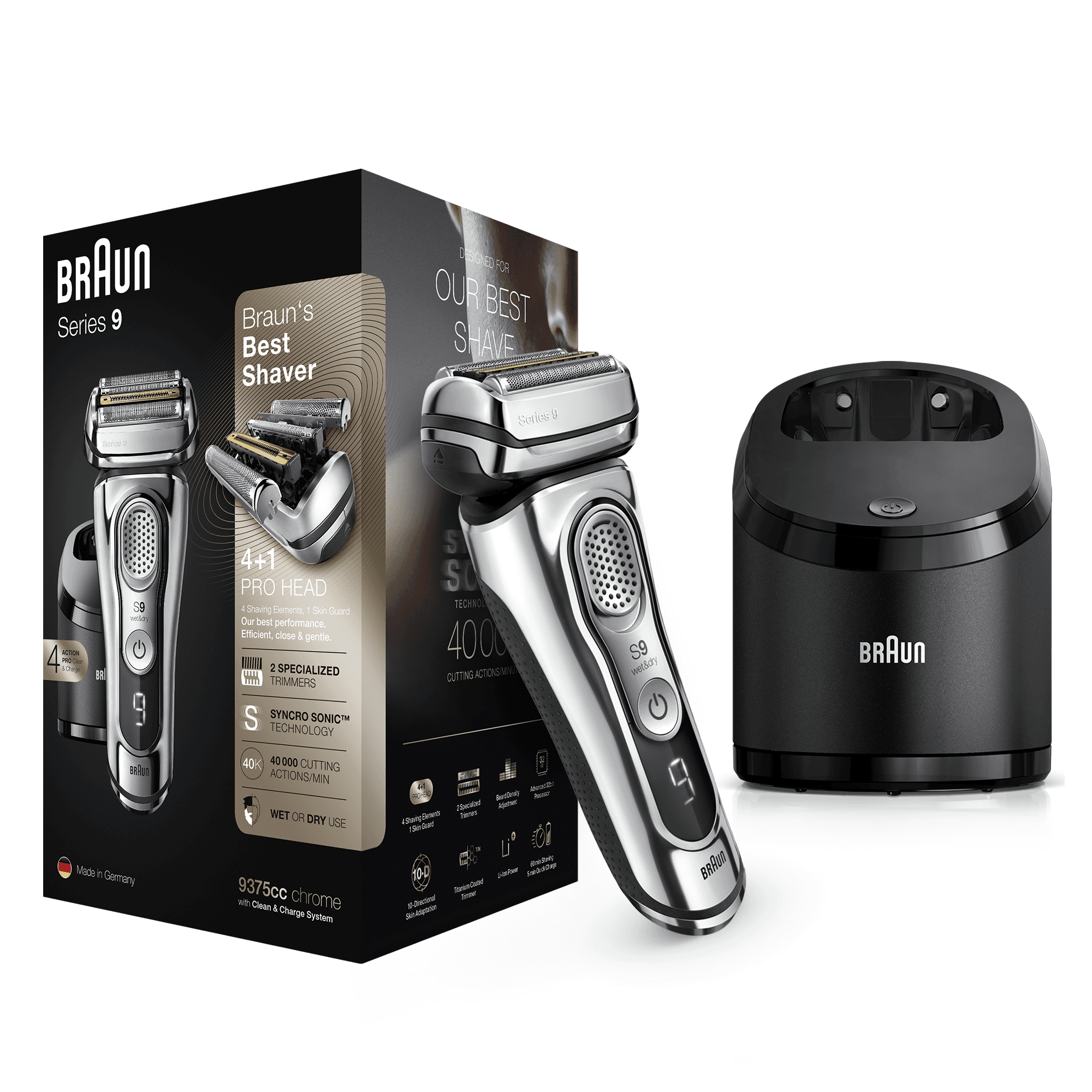 Braun Series 9 9375cc Latest Generation Electric Shaver, Clean&Charge Station, Fabric Case, Chrome – image 3
