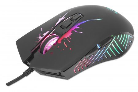 Manhattan Gaming Mouse with LEDs, Wired, Seven Button, Scroll Wheel, 7200dpi, Black with LED lighting, Three Year Warranty – image 1