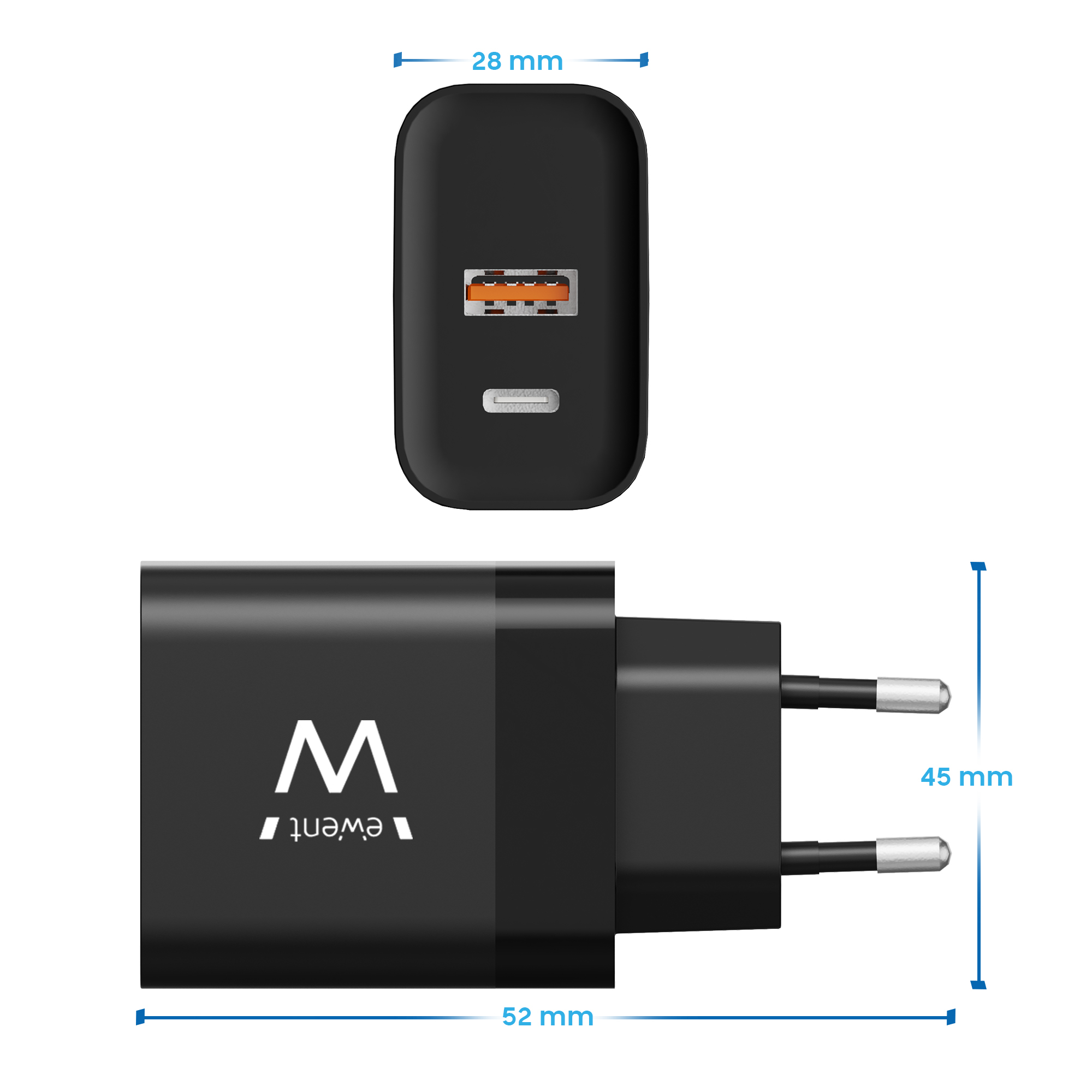 Resim Ewent EW1327 20V Max 1x USB 2.0 1x USB-C Siyah Ev İçİ AC Mobil Cihaz Şarj Cihazı
