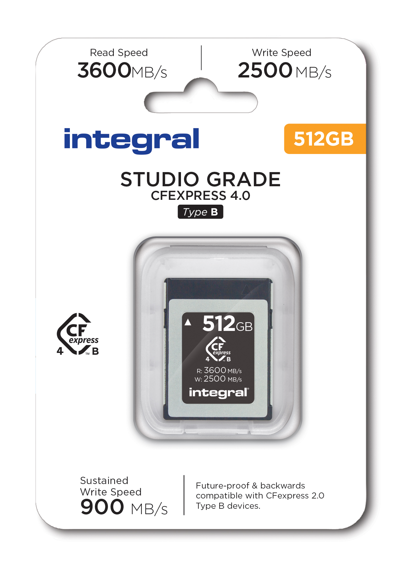 Integral 512GB CFEXPRESS MEMORY CARD 4.0 TYPE B UP TO R-3600 W-2500 MBS SUSTAINED WRITE 900MBS STUDIO GRADE -12C ~ 72C TBW 300