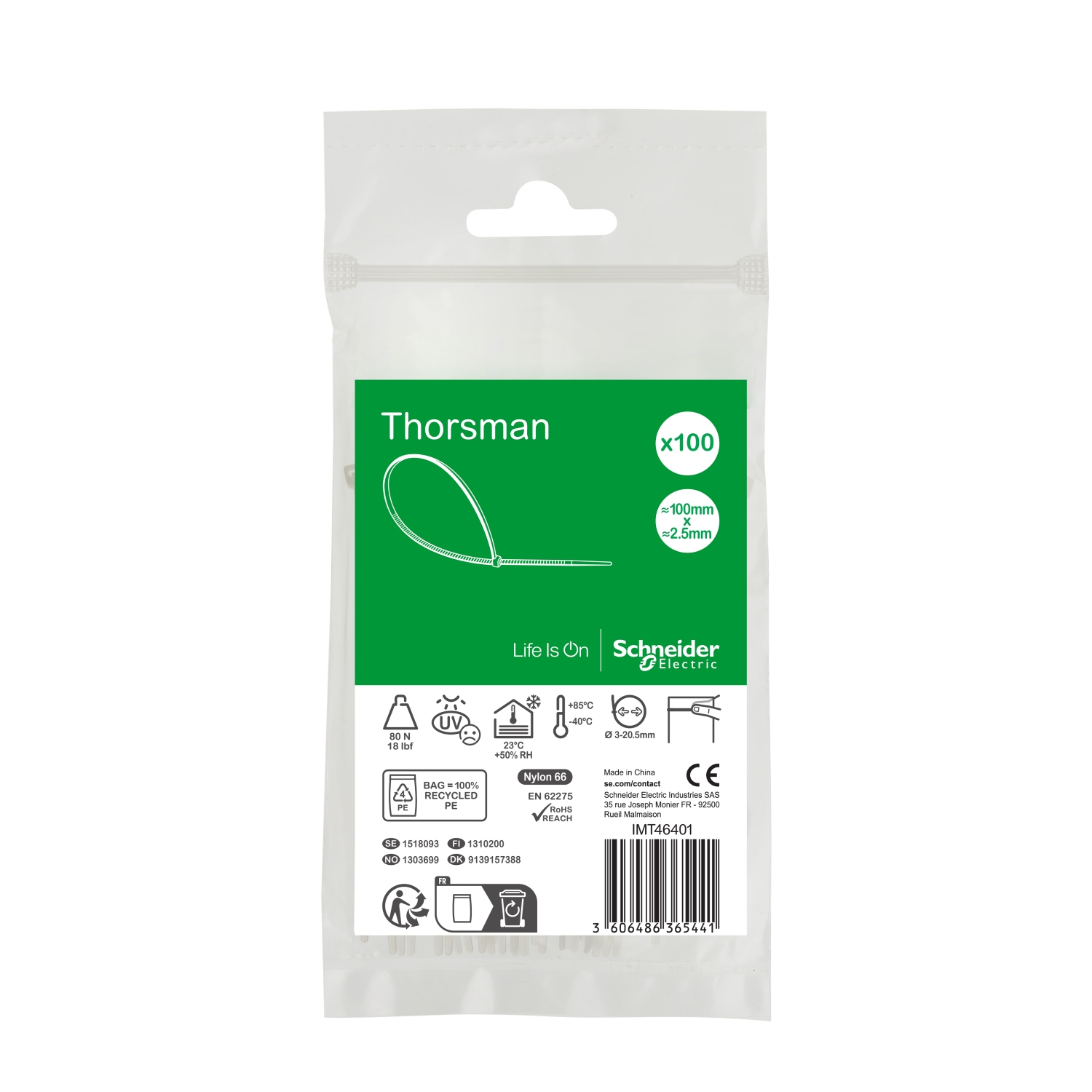 Schneider Electric IMT46401 fascetta Releasable cable tie Poliammide Trasparente, Bianco 100 pz