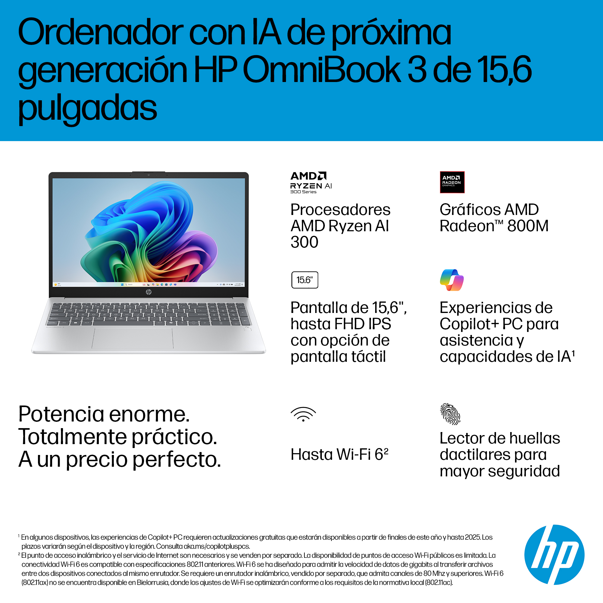 Portátil - HP OmniBook 3 NGAI 15-fn0001ns, 15,6" Full HD, AMD Ryzen™ AI 7 350, 32 GB RAM, 1 TB SSD, Radeon™ 860M, Windows 11 Home, Plata - imagen 4