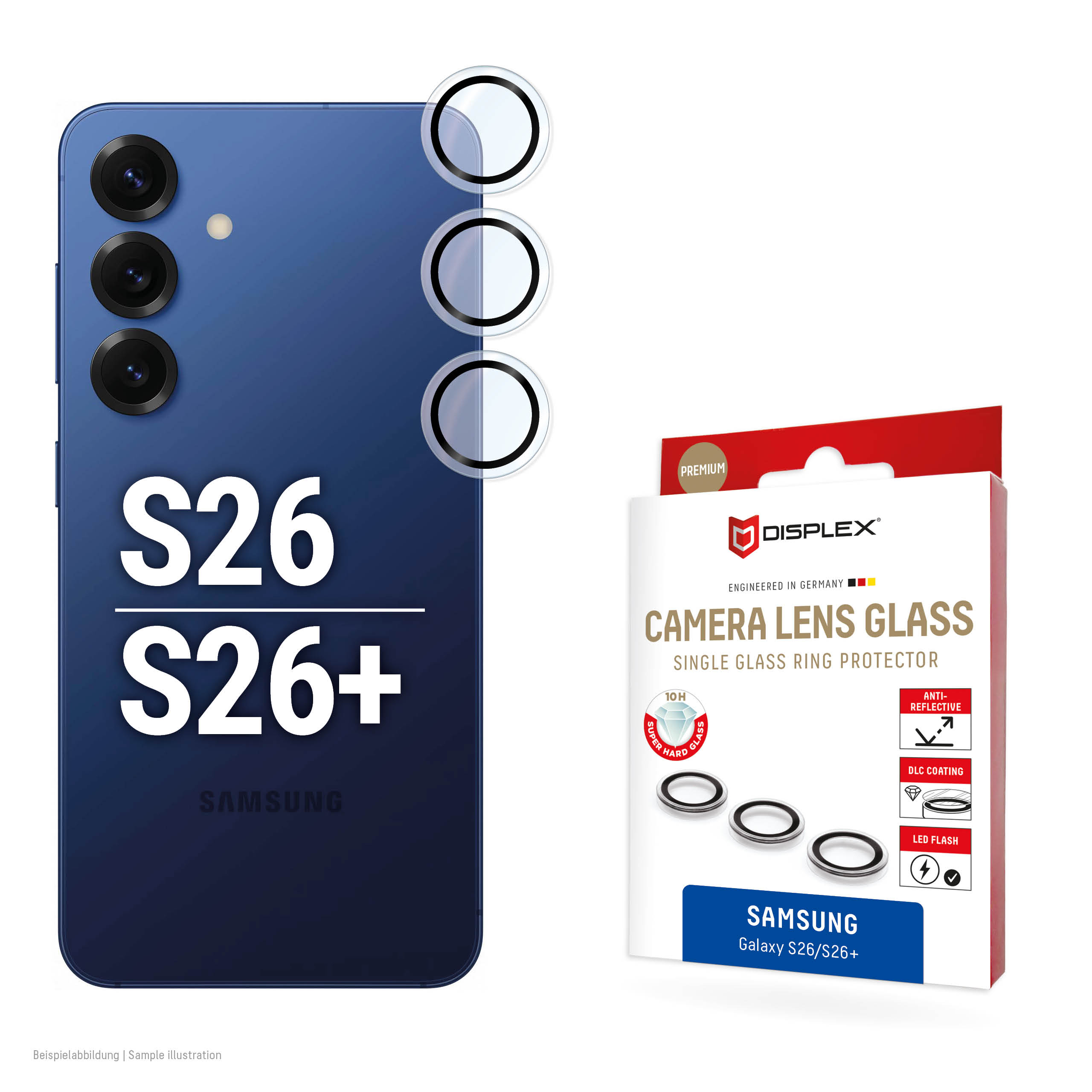 Displex Premium Camera Lens Glass, S26/S26+ Glas, 10H, Single Rings, DLC, transparent, Quick Mount