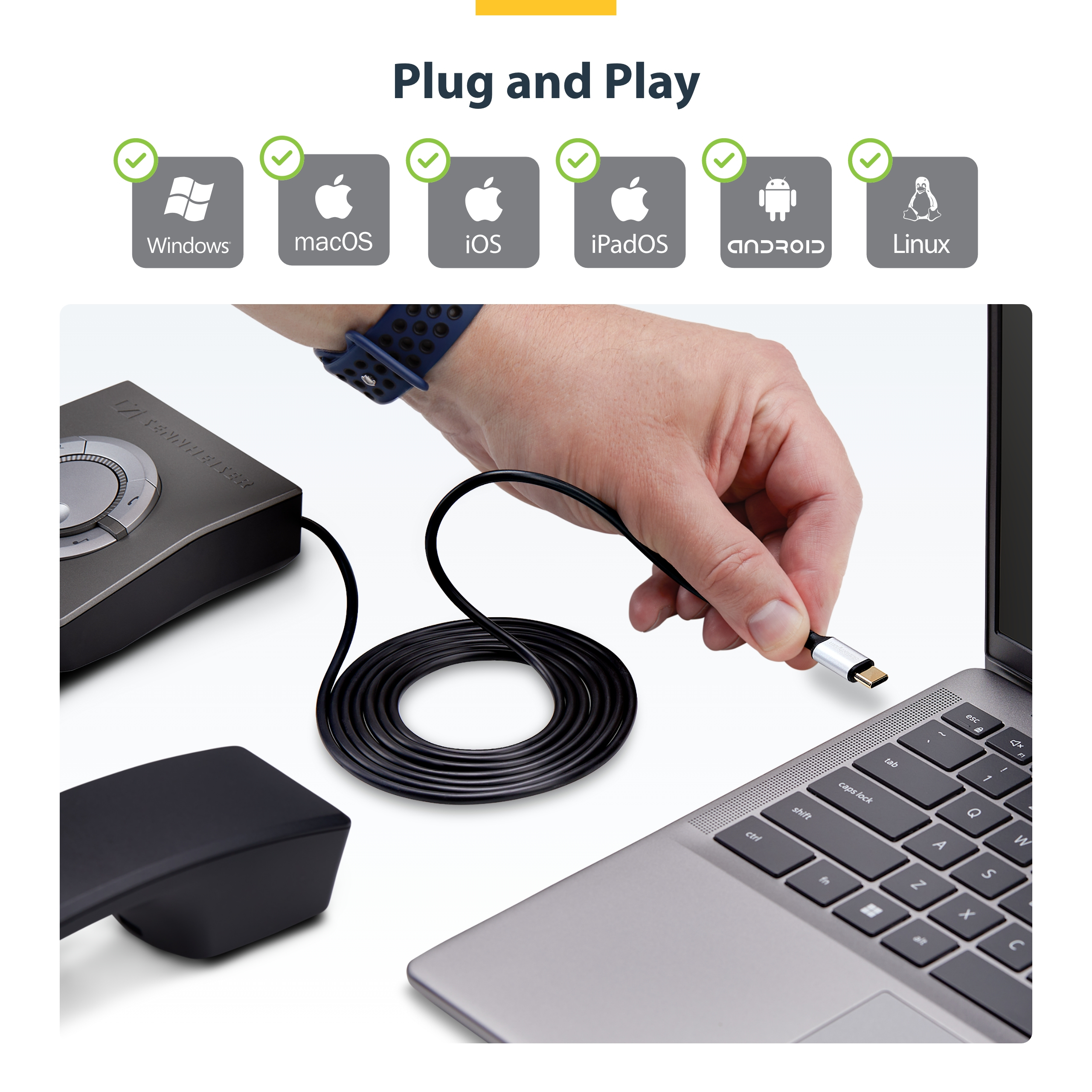 Resim StarTech.com UR9-HEADSET-ADAPTER USB-C - RJ-9 Kablo Çevirici Adaptör, 1.8 m, Siyah