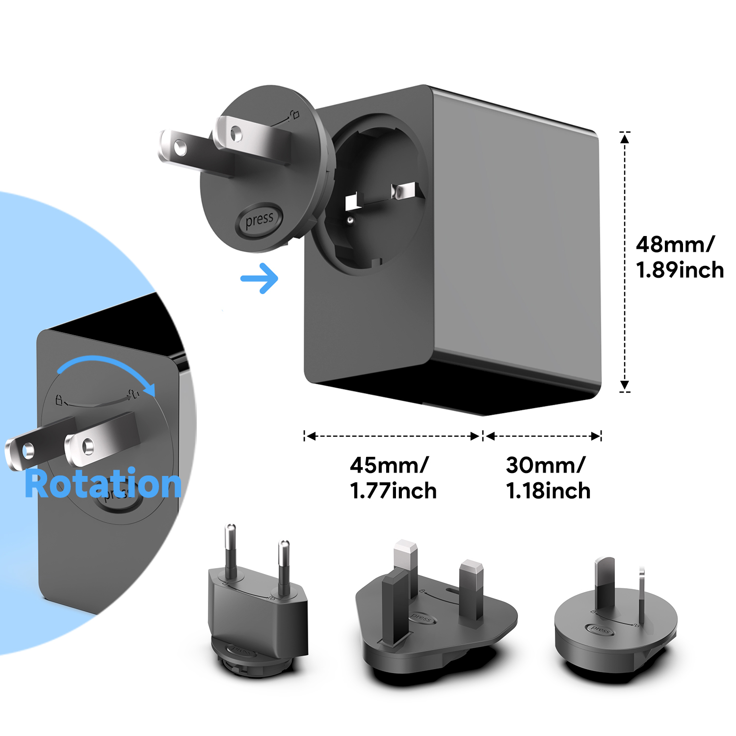 Origin Storage Origin 65W Wall Charger with 1.5m USB-C cable and 4 Multi AC Plugs – image 3