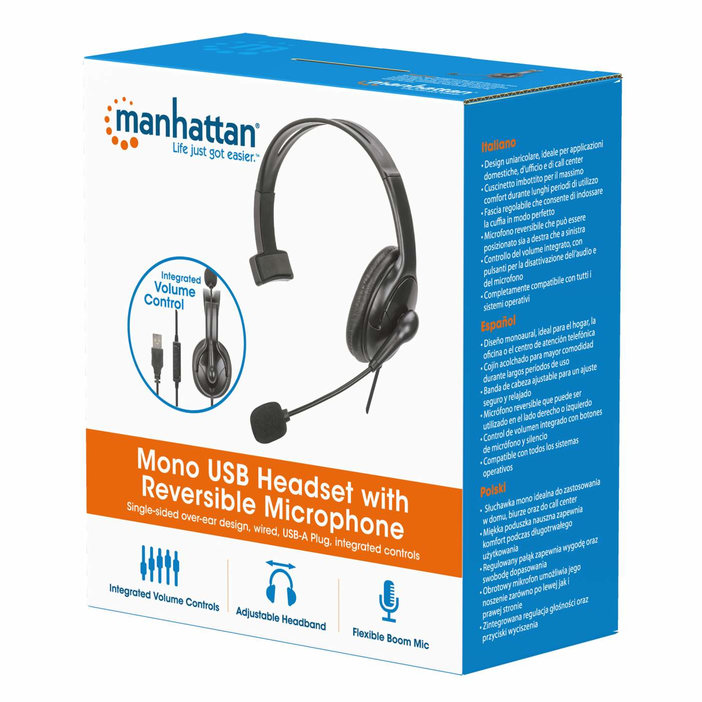 Manhattan Mono Over-Ear Headset (USB), Reversible Microphone Boom (padded), Retail Box Packaging, In-Line Volume/Mute Control, Padded Ear Cushion, USB-A for bot – image 6