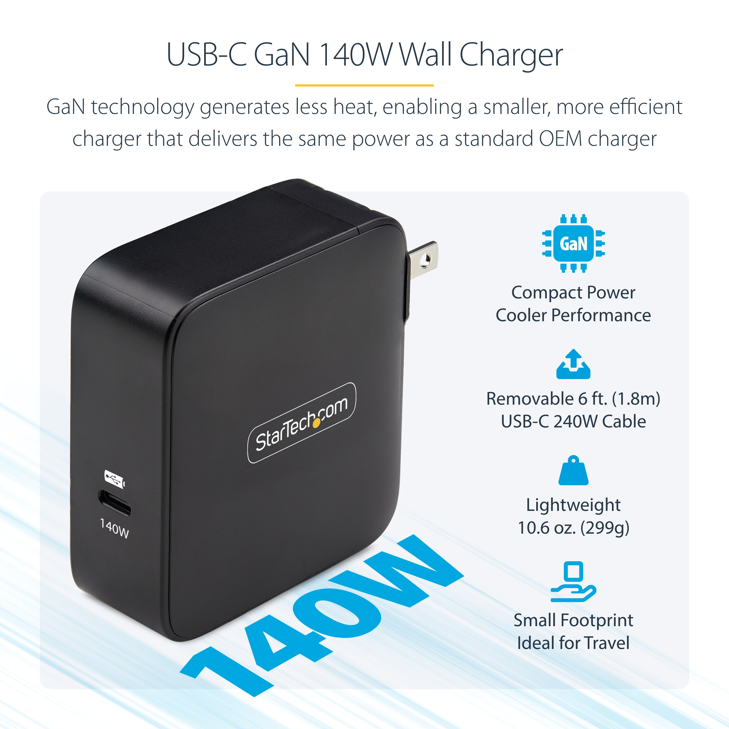 Resim StarTech.com 1014GCN-WALL-CHARGER 140W USB-C PD 3.1 GaN Duvar Tipi Şarj Cihazı Siyah