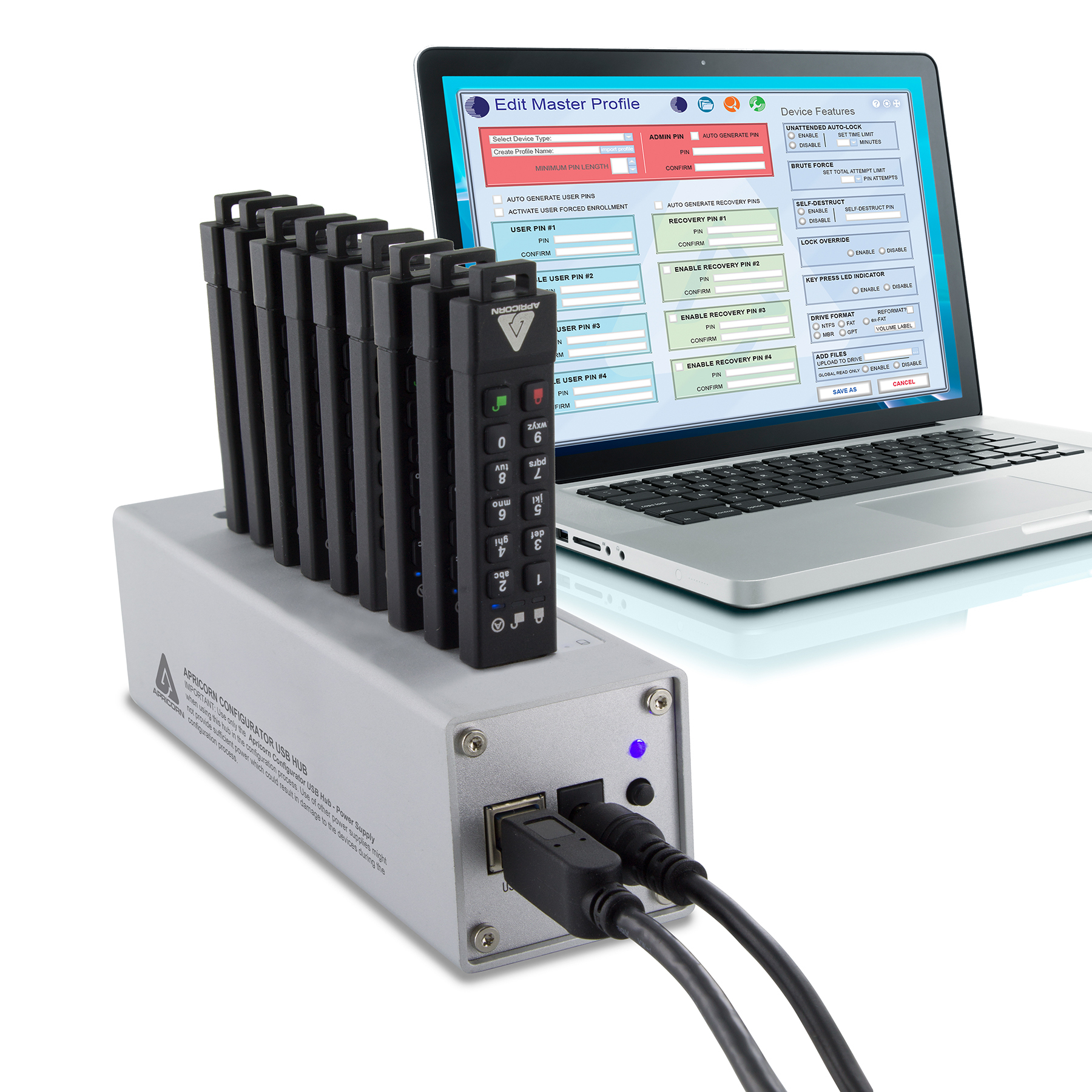 Origin Storage Aegis Configurator on USB key bundled with an approved 10-port USB hub. PC based software tool for configuring compatible Apricorn devices via 10