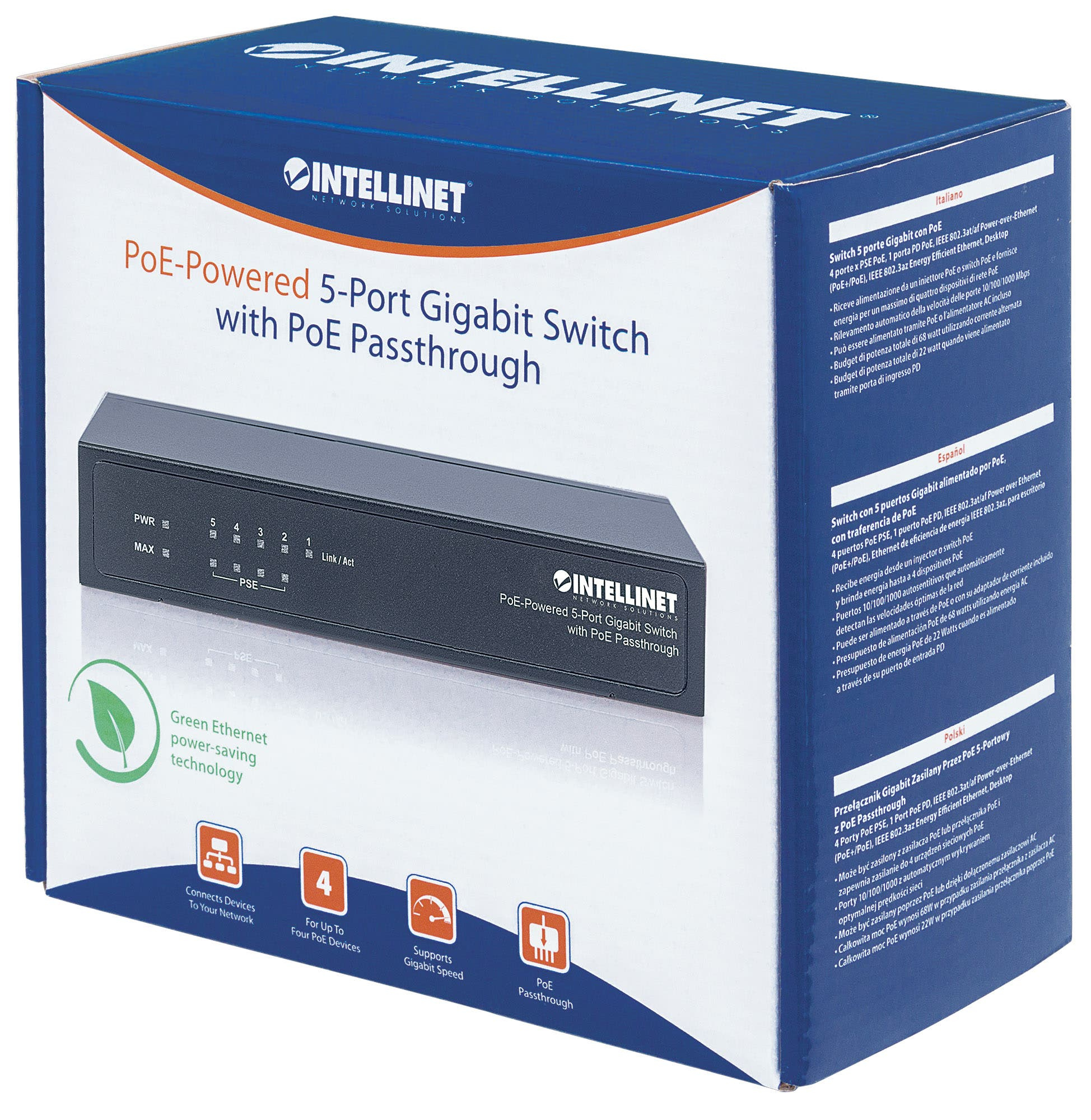 Intellinet 5-Port Gigabit Switch with PoE Passthrough, 4 x PSE PoE ports, 1 x PD PoE port, IEEE 802.3at/af Power-over-Ethernet (PoE+/PoE), IEEE 802.3az Energy E – image 7