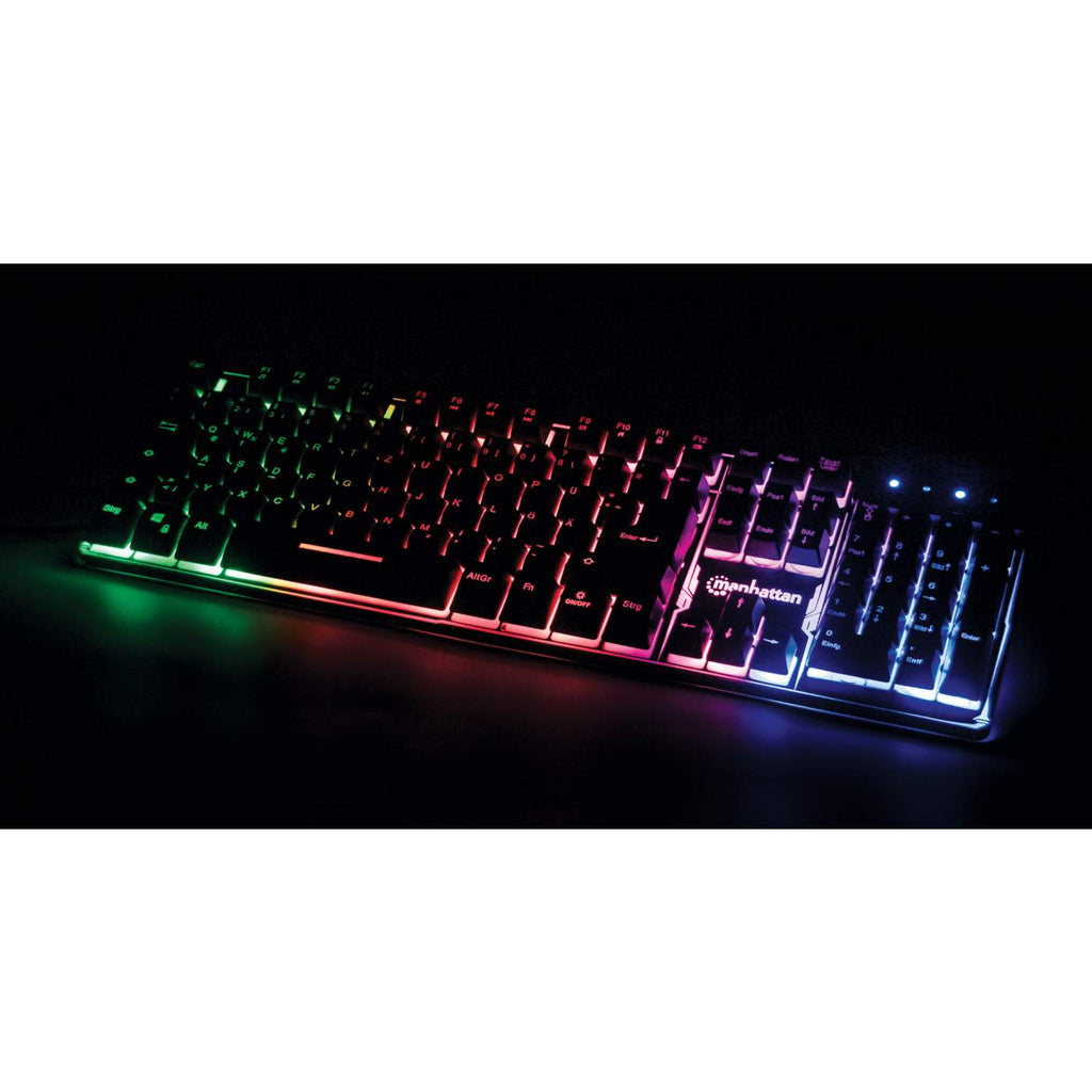 Manhattan Gaming USB Keyboard, Metal Base Edition, 12 Function Keys, Rainbow-LED Backlighting, 19 Anti-Ghost Key Caps, IPX4 (Splashproof) Rating, USB-A, Black, – image 5