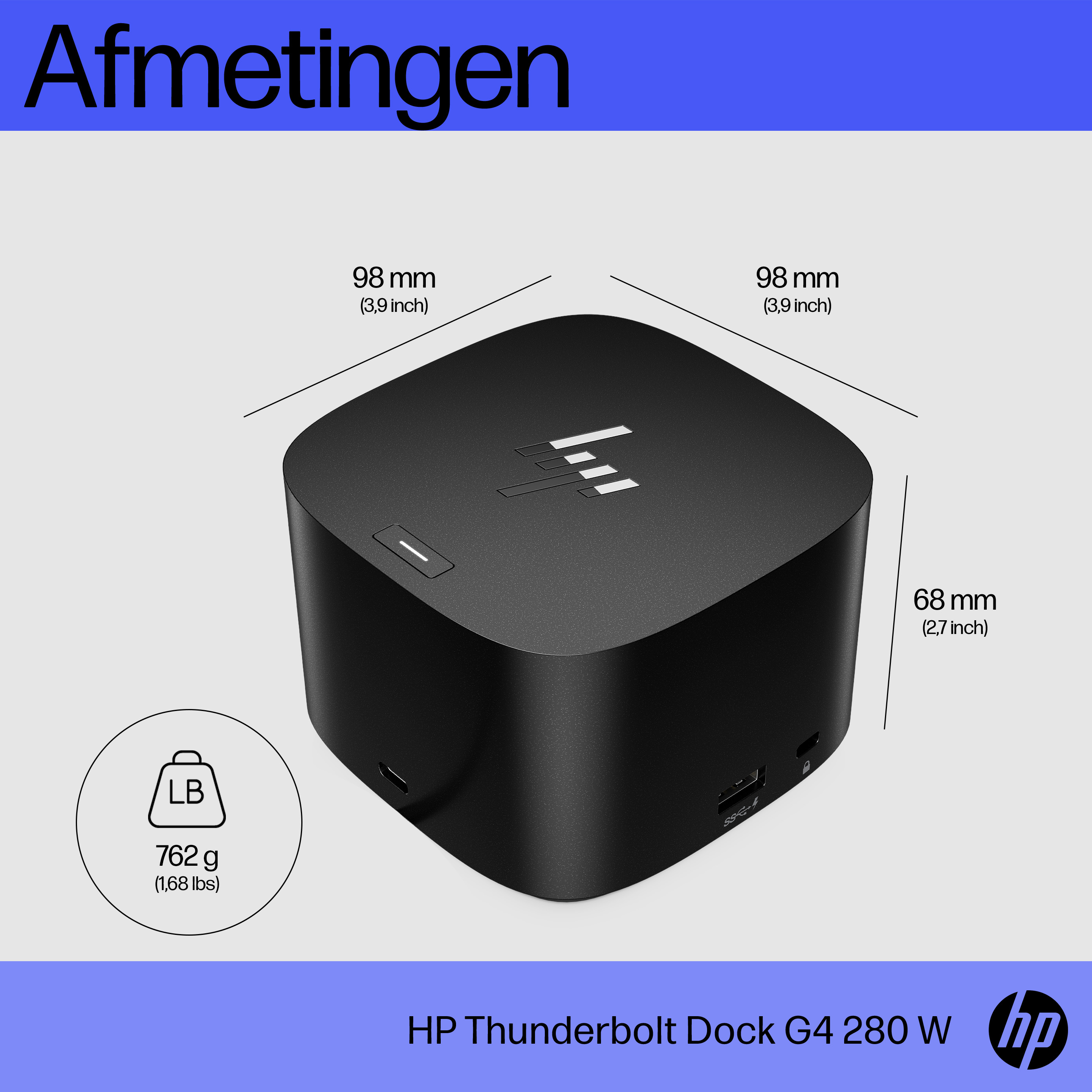 HP Thunderbolt Dock 280W G4 w/Combo Cable. Connectivity technology: Wired, Host interface: Thunderbolt 4. Product colour: 