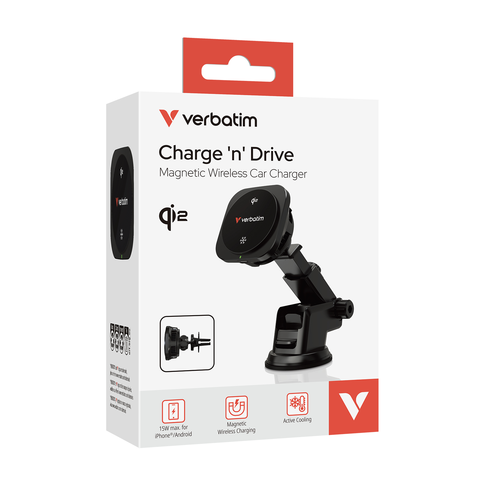 Resim Verbatim Charge 'n' Drive Qi2 Manyetik Kablosuz Araç Şarj Cihazı, 1m Kablo, USB Girişi, Siyah
