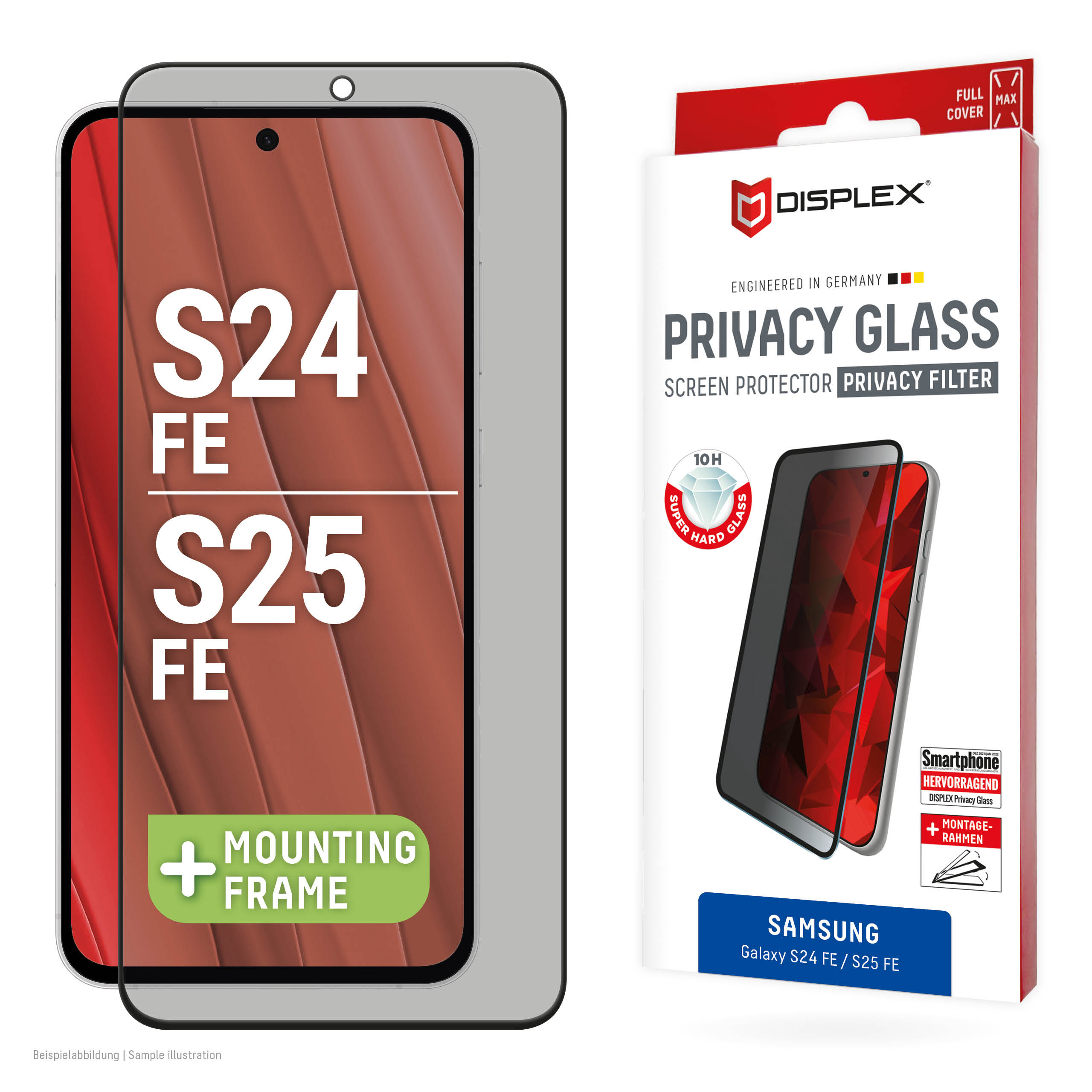Displex Privacy Screen Protector (10H) for Samsung Galaxy S25 FE/S24 FE, Eco Mounting Frame, Privacy Filter