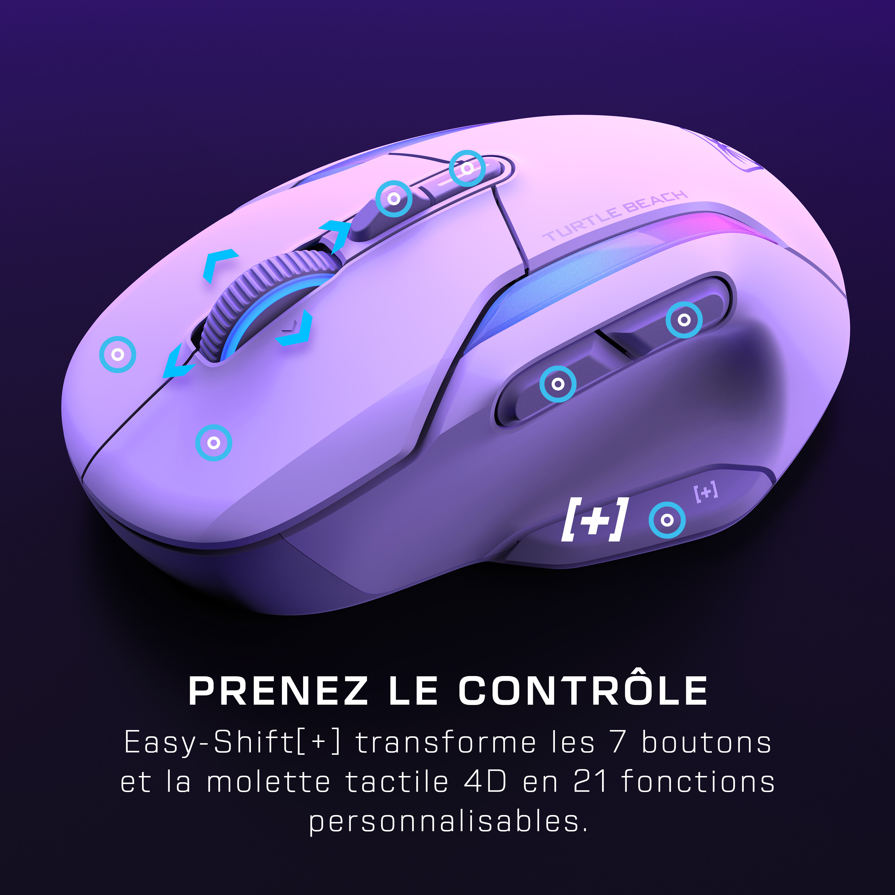Turtle Beach Kone II Air - Souris Gaming RGB Ergonomique Sans Fil,Bbatterie 350h, Capteur Optique 26 000 DPI, 21 Entrées Personnalisables, Molette 4D Free-Spin - Blanc