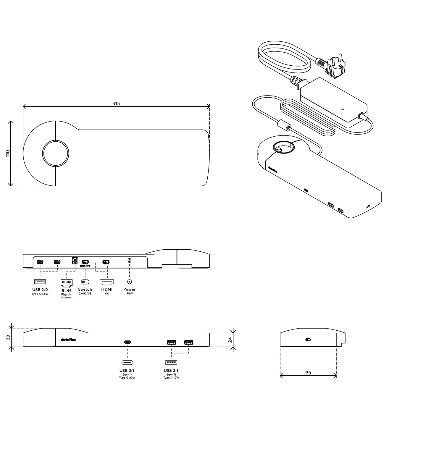 Dataflex 58.800 laptop dock/port replicator Wired USB 3.2 Gen 1 (3.1 Gen 1) Type-C Aluminium – image 5