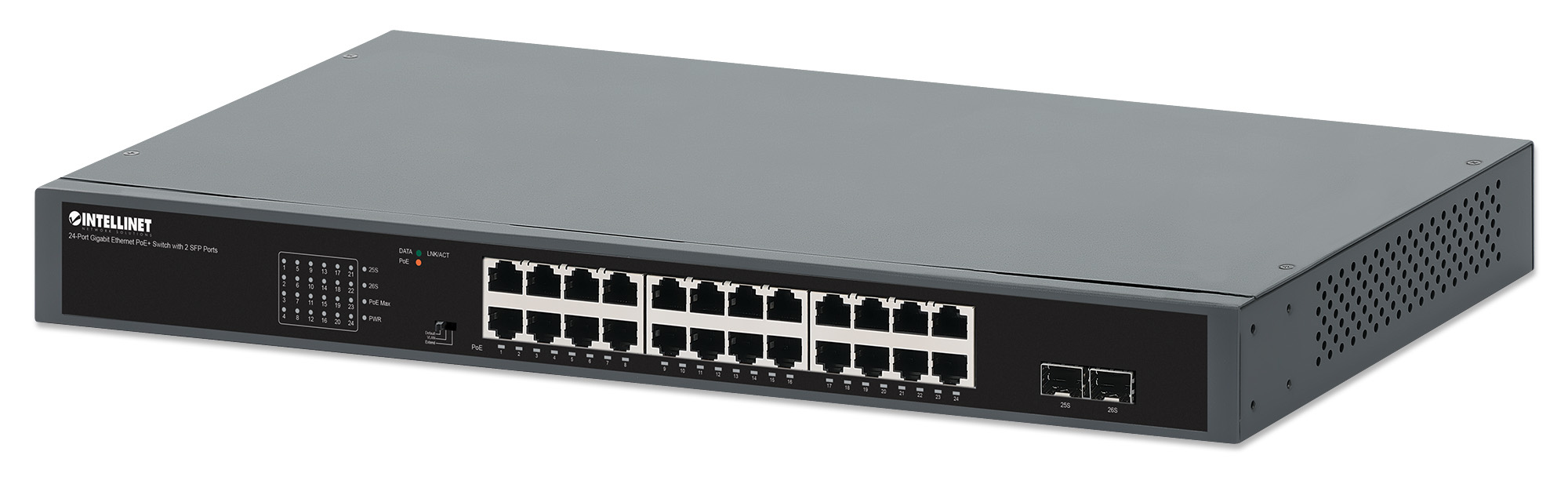 Intellinet 24-Port Gigabit Ethernet PoE+ Switch with 2 SFP Ports IEEE 802.3at/af (PoE+/PoE) Compliant