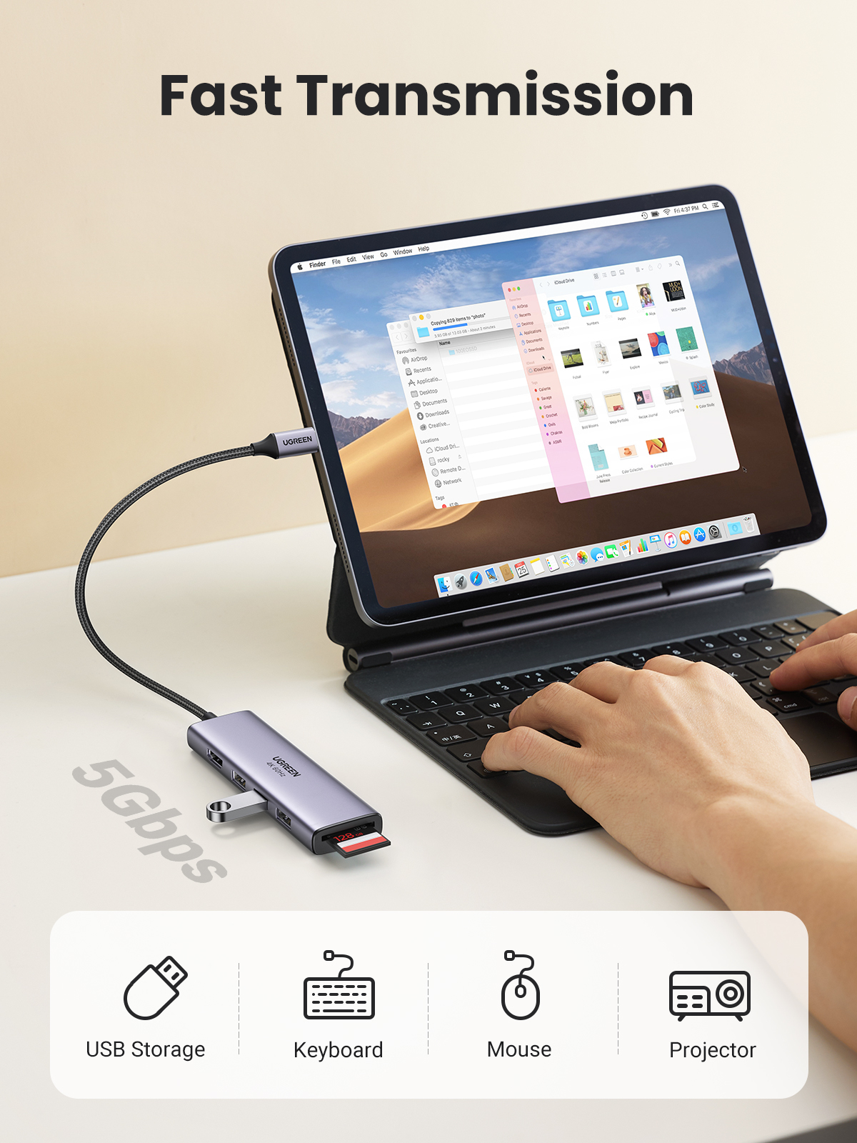 Ugreen CM511 5-in-1 Adapter USB-C Hub to 3x USB3.0 + HDMI + TF/SD Gray – image 4