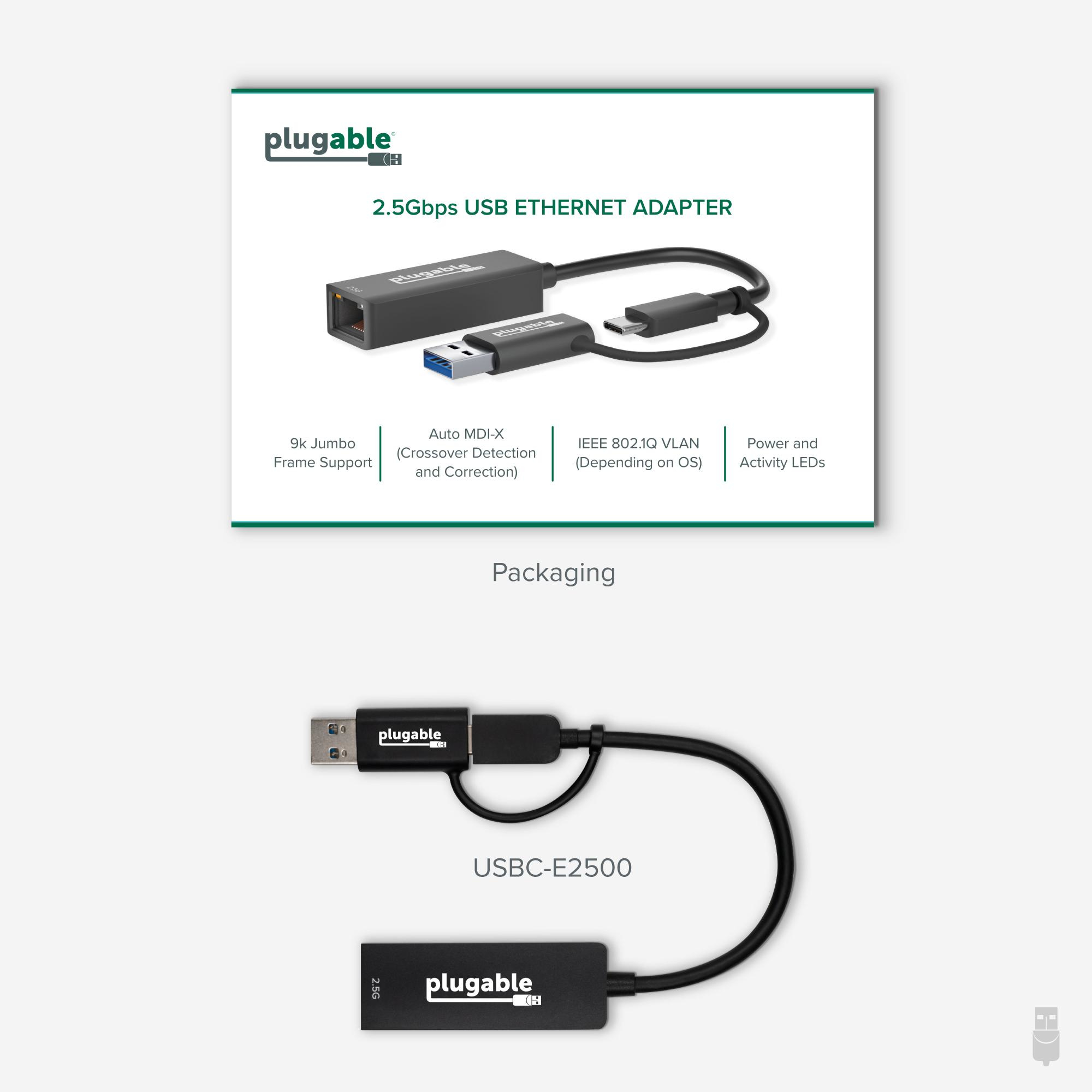 صورة محول شبكة Plugable USBC-E2500 2.5G Ethernet USB-C/USB 3.0، أسود