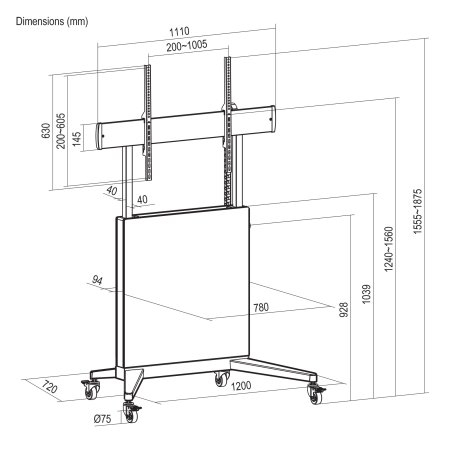 Manhattan Trolley Mount Stand for TV & Monitors (tool free height adjust), For screens:60" to – image 6