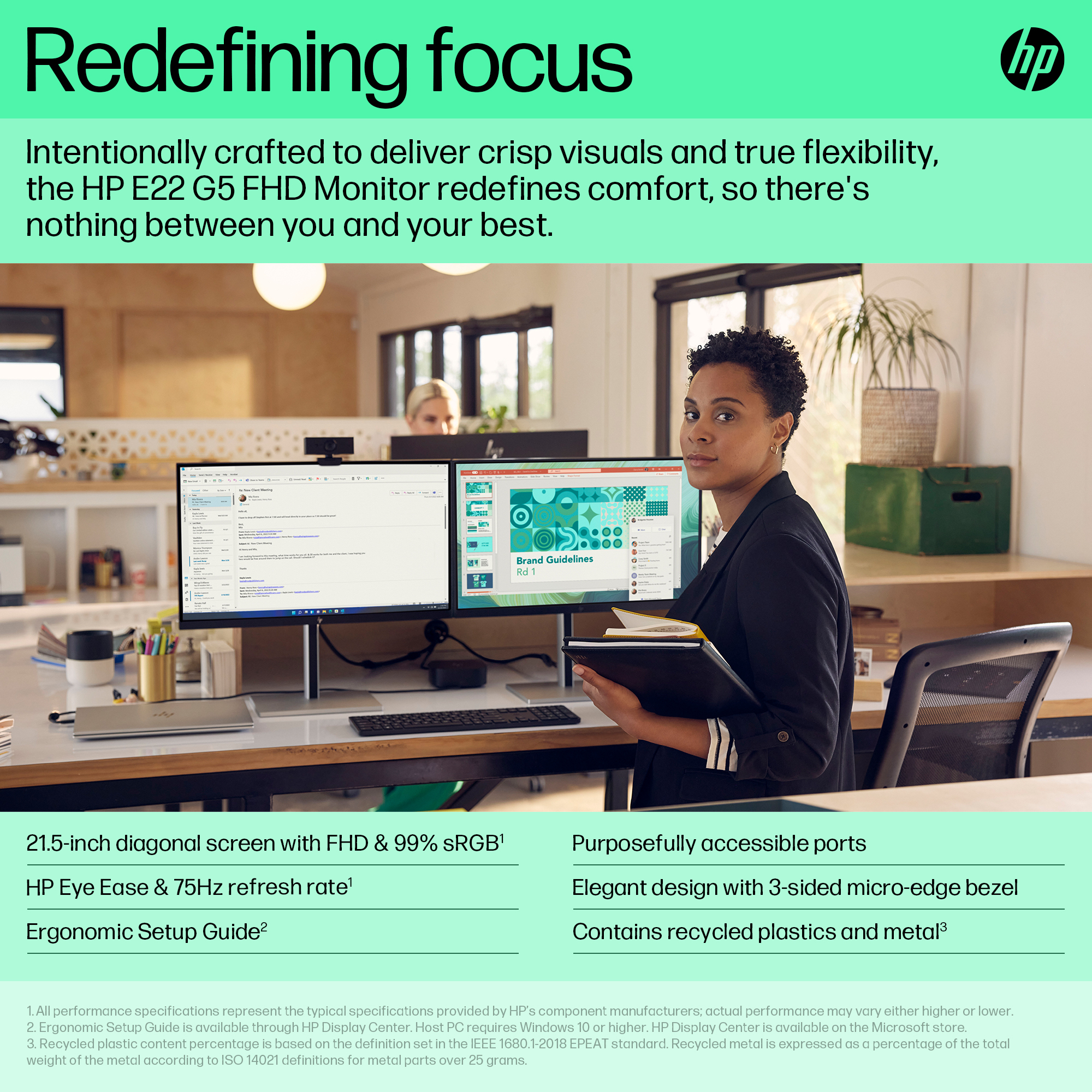 HP E-Series E22 G5 FHD Monitor. Display diagonal: 54.6 cm (21.5"), HD type: Full HD, Display technology: LCD, Display surf