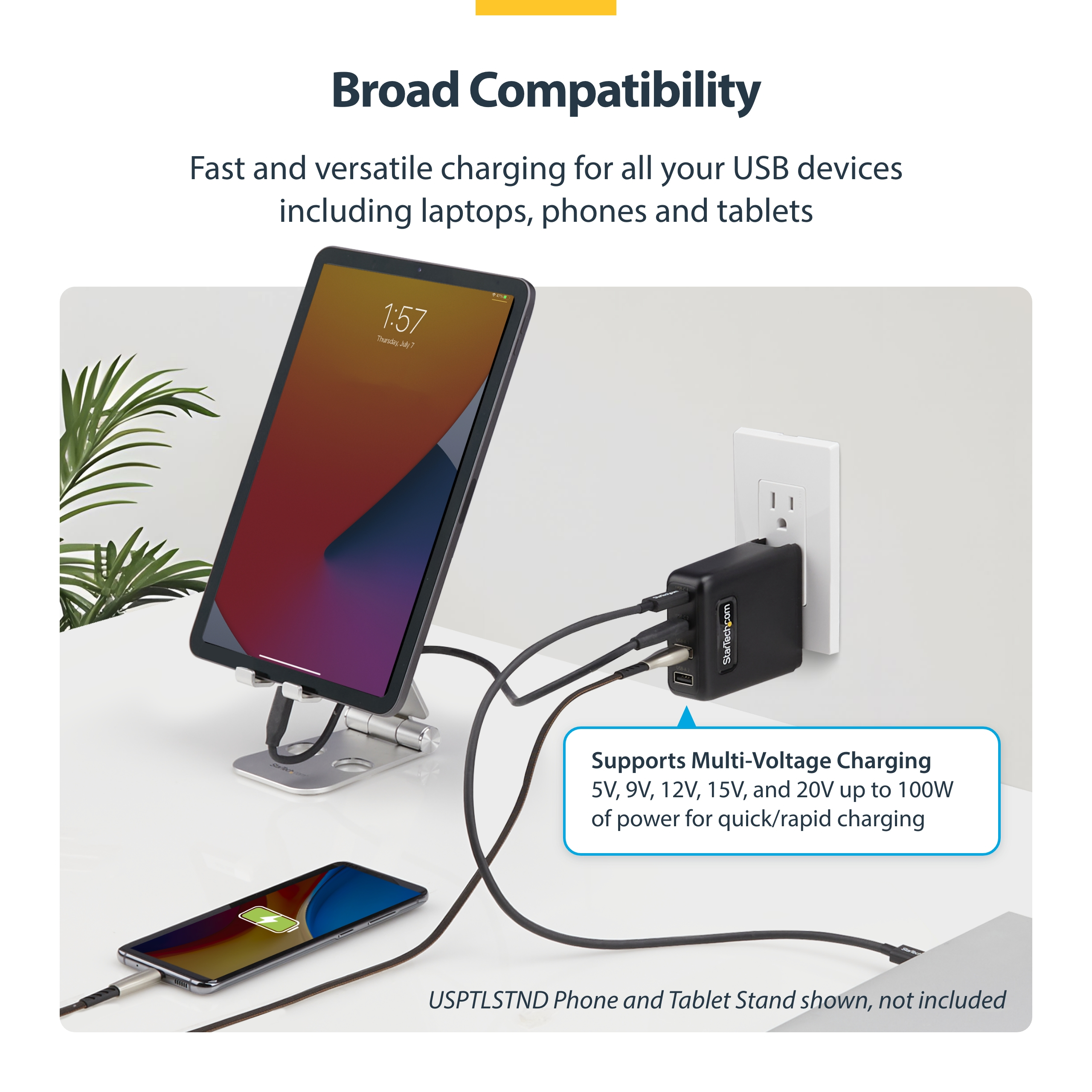 Resim StarTech.com 100W GaN USB-C PD 3.0 Duvar Tipi Şarj Cihazı, 2x USB-C, 2x USB-A, 1.8m Kablo, Siyah