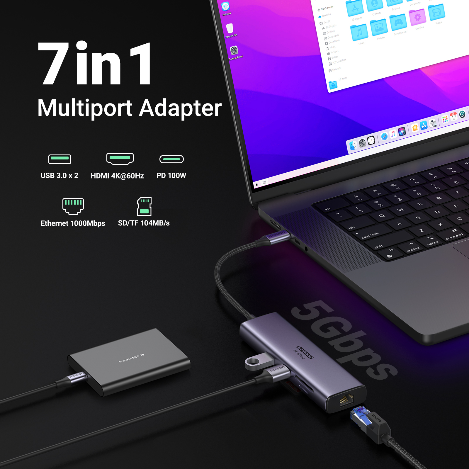 Ugreen 60515 USB-C Hub 2*USB3.0+HDMI+RJ45+SD&TF +PD port Converter – image 3