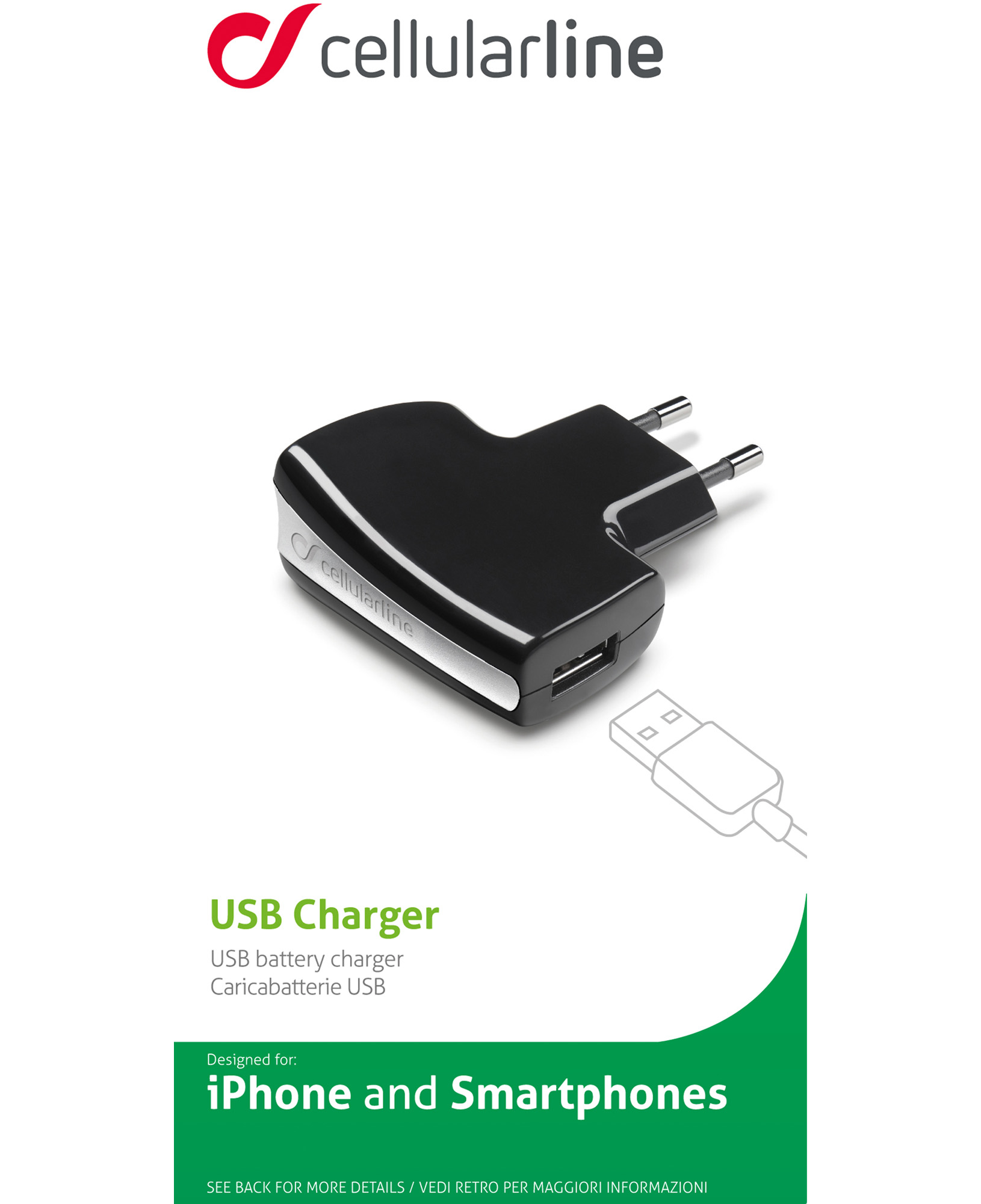 Cellularline ACHUSBCCBK mobile device charger Digital camera, GPS, Mobile phone, MP3, MP4, PDA, Tablet, Telephone Black, Silver AC Indoor