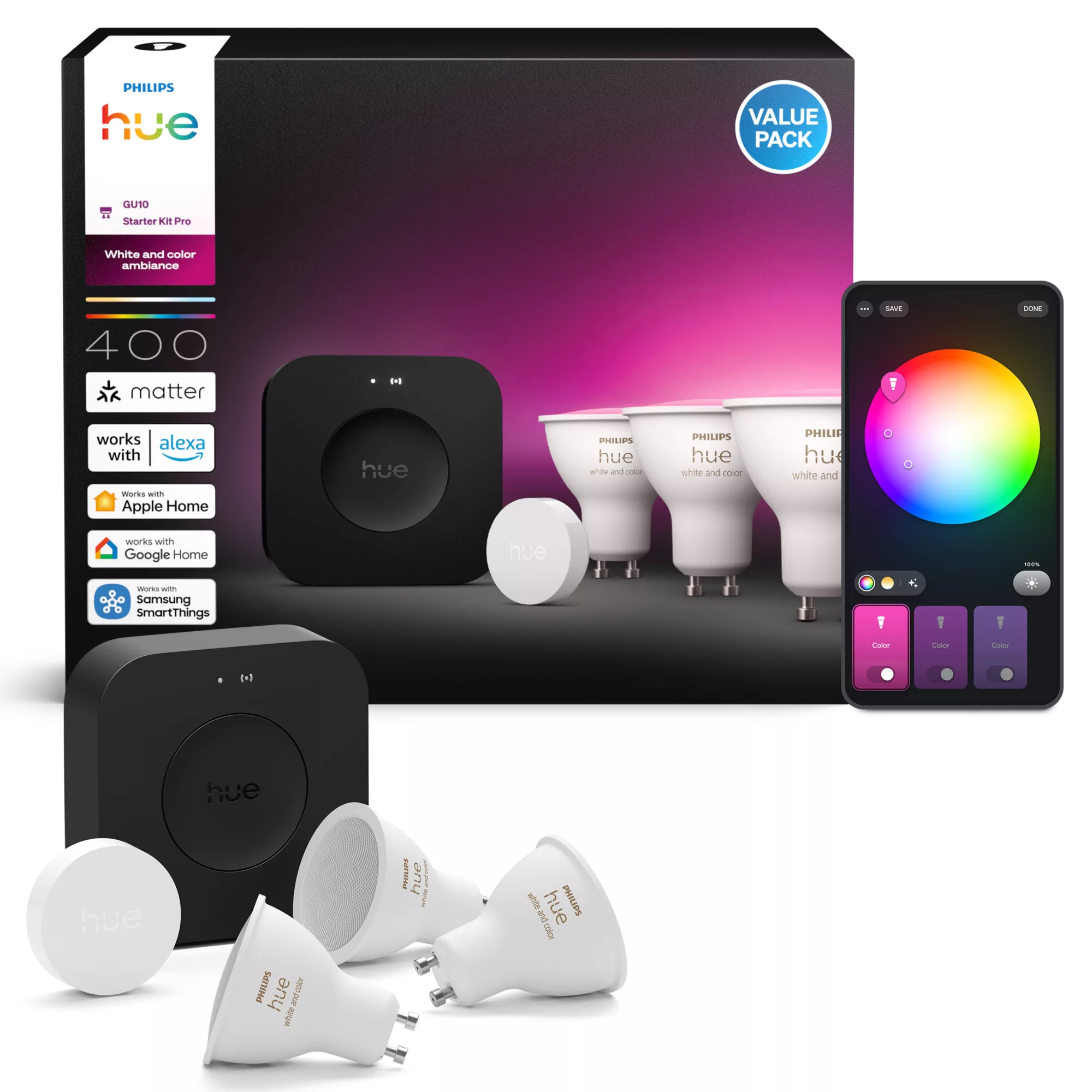 Philips by Signify Philips Hue White and colour ambience Starter kit: 3 GU10 bulbs + Smart button + Bridge Pro – image 3