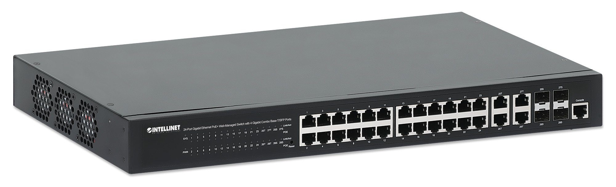 Intellinet 24-Port Gigabit Ethernet PoE+ Web-Managed Switch with 4 Gigabit Combo Base-T/SFP Ports, IEEE 802.3at/af Power over Ethernet (PoE+/PoE) Compliant, 370 – image 2