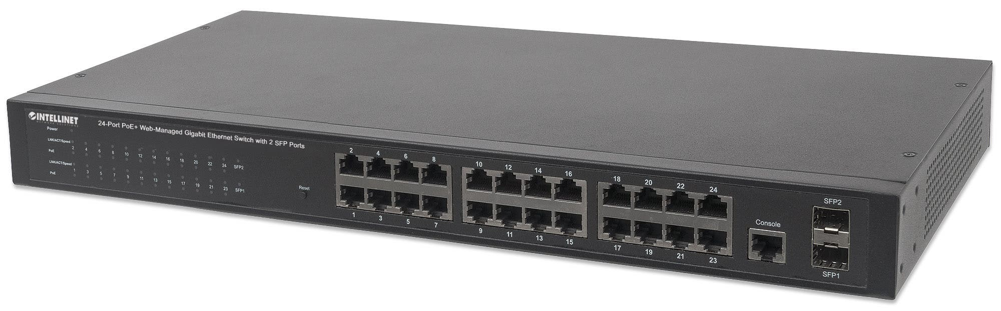Intellinet 24-Port Gigabit Ethernet PoE+ Web-Managed Switch with 2 SFP Ports, 24 x PoE ports, IEEE 802.3at/af Power over Ethernet (PoE+/PoE), 2 x SFP, Endspan, – image 1