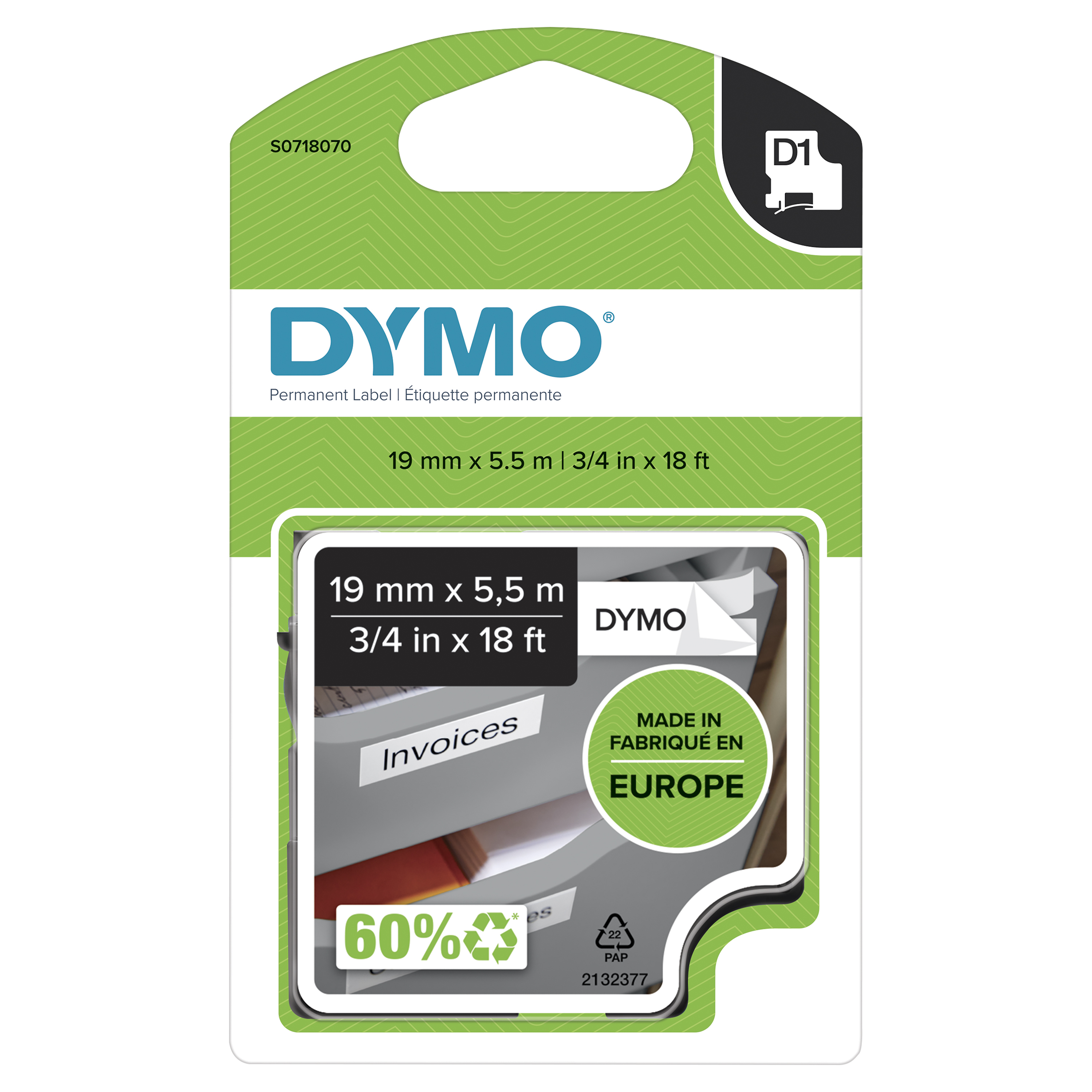 DYMO D1 étiquettes autocollantes authentiques | rouleau de 19 mm x 5,5 m | impression en vert sur fond noir | pour étiqueteuses LabelManager