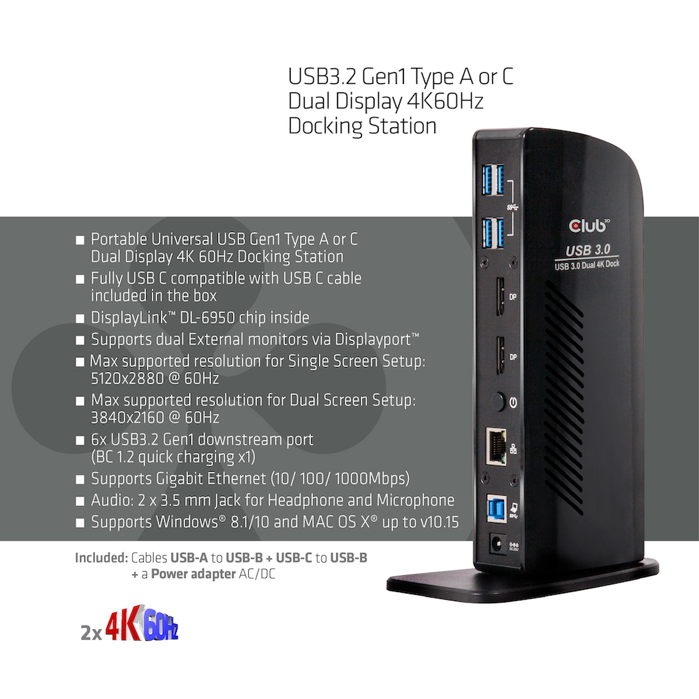 CLUB3D USB3.2 Gen1 Type A or C Dual Display 4K60Hz Docking Station DisplayLink® Certified – image 3