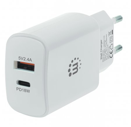 Manhattan Wall/Power Mobile Device Charger (Euro 2-pin), USB-C & USB-A ports, USB-C up to – image 1